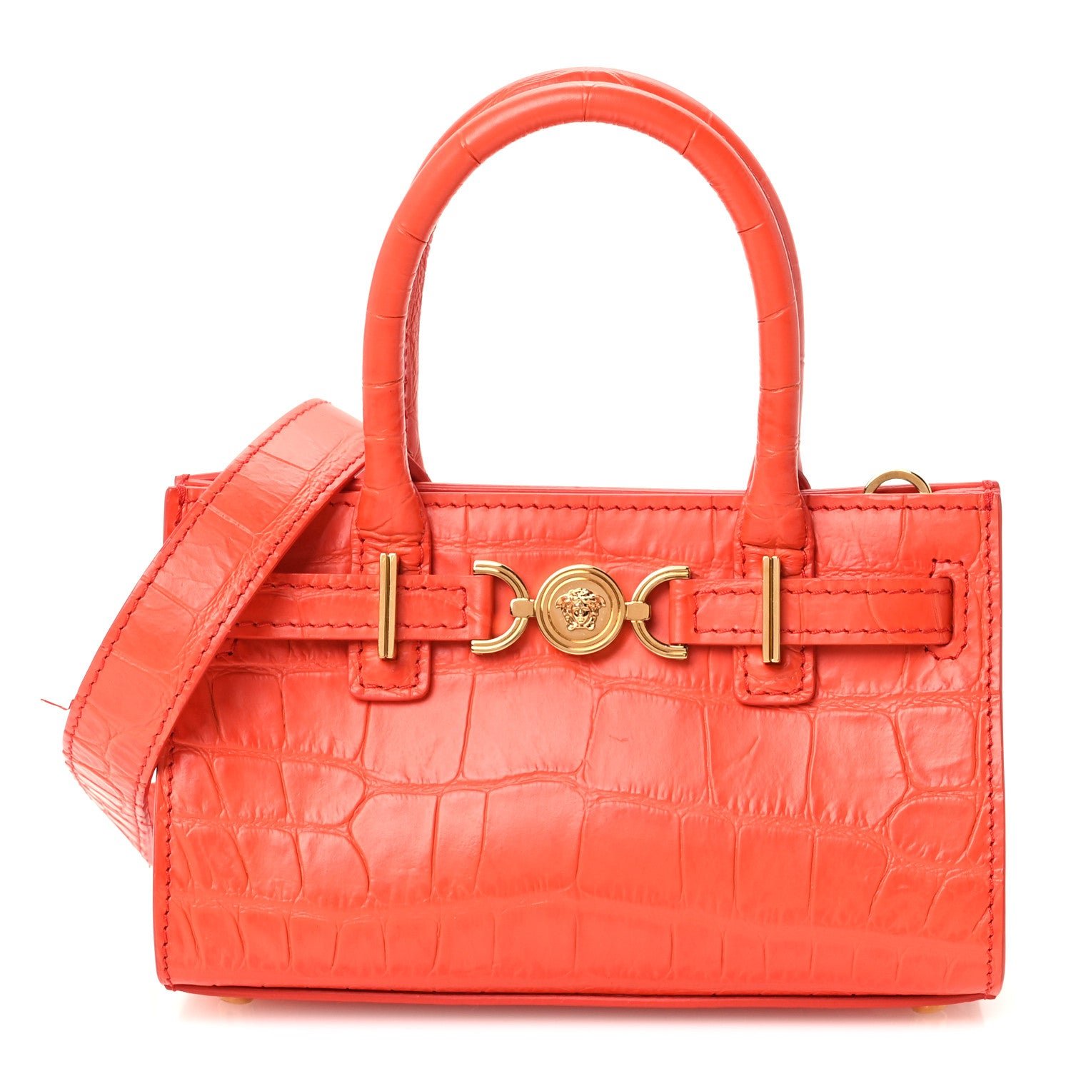 Versace Calfskin Crocodile Embossed Mini Medusa '95 Tote Orange