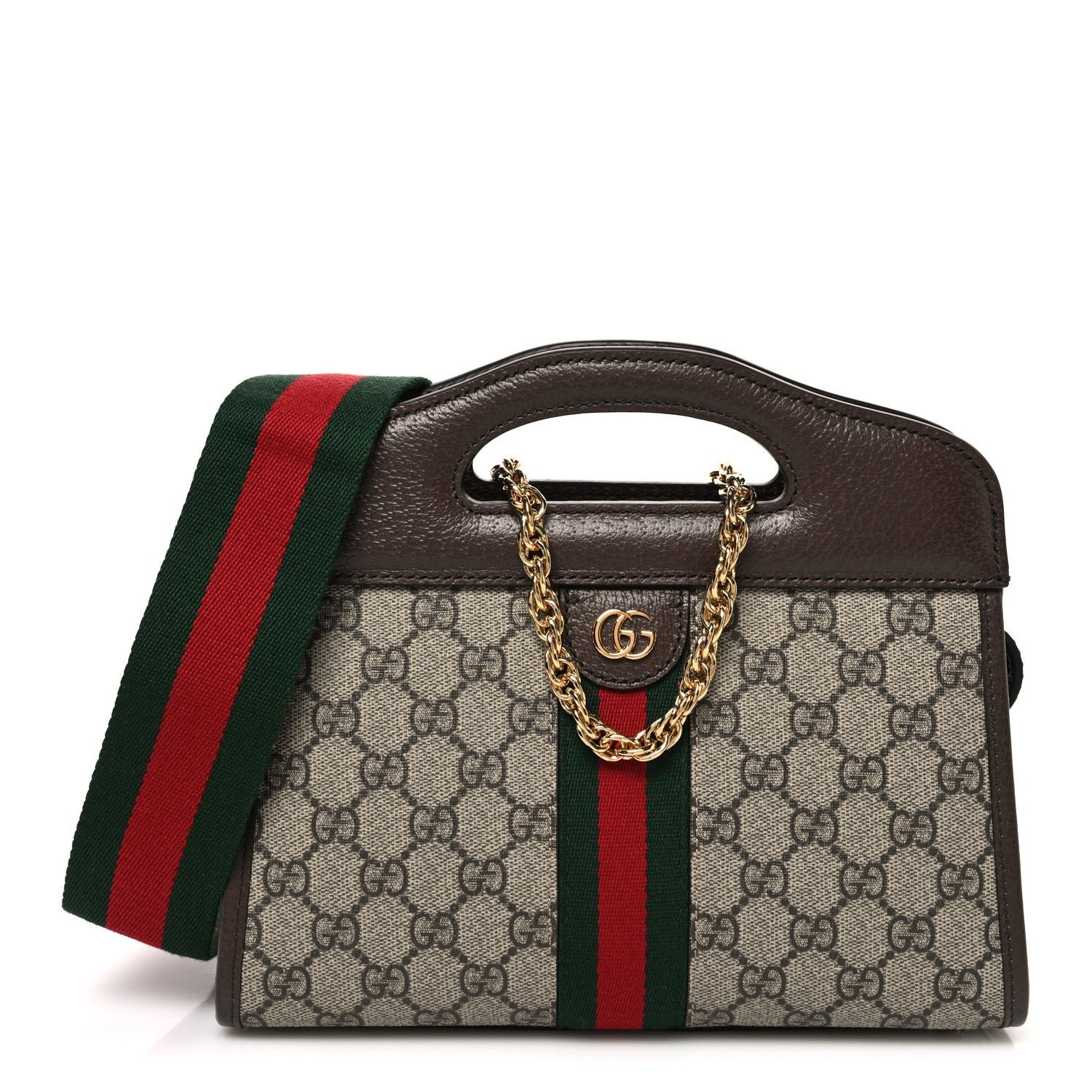Gucci GG Supreme Monogram Textured Dollar Calfskin Web Small Ophidia Slip Handle Tote Beige Ebony New Acero