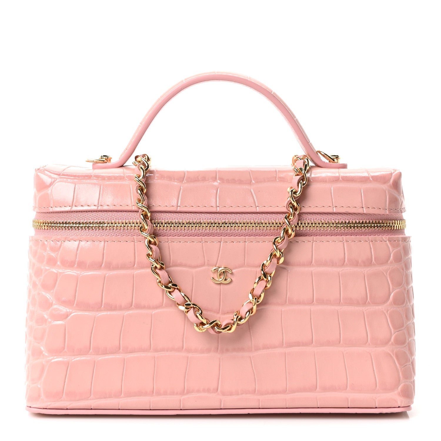 Chanel Calfskin Crocodile Embossed Crococo Exoticoco Vanity With Chain Light Pink