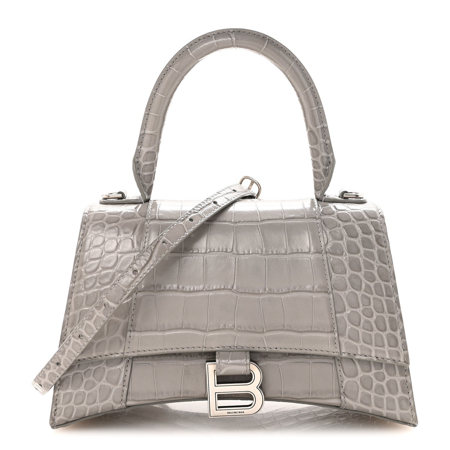 Balenciaga Shiny Calfskin Crocodile Embossed Small Hourglass Top Handle Bag Balenciaga Grey