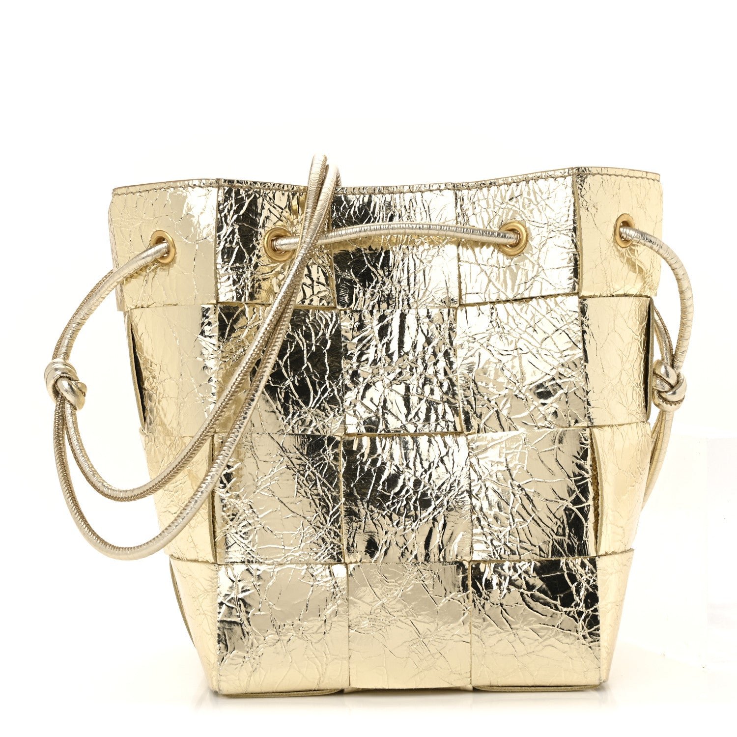 Bottega Veneta Metallic Crushed Nappa Maxi Intrecciato Small Cassette Bucket Bag Gold