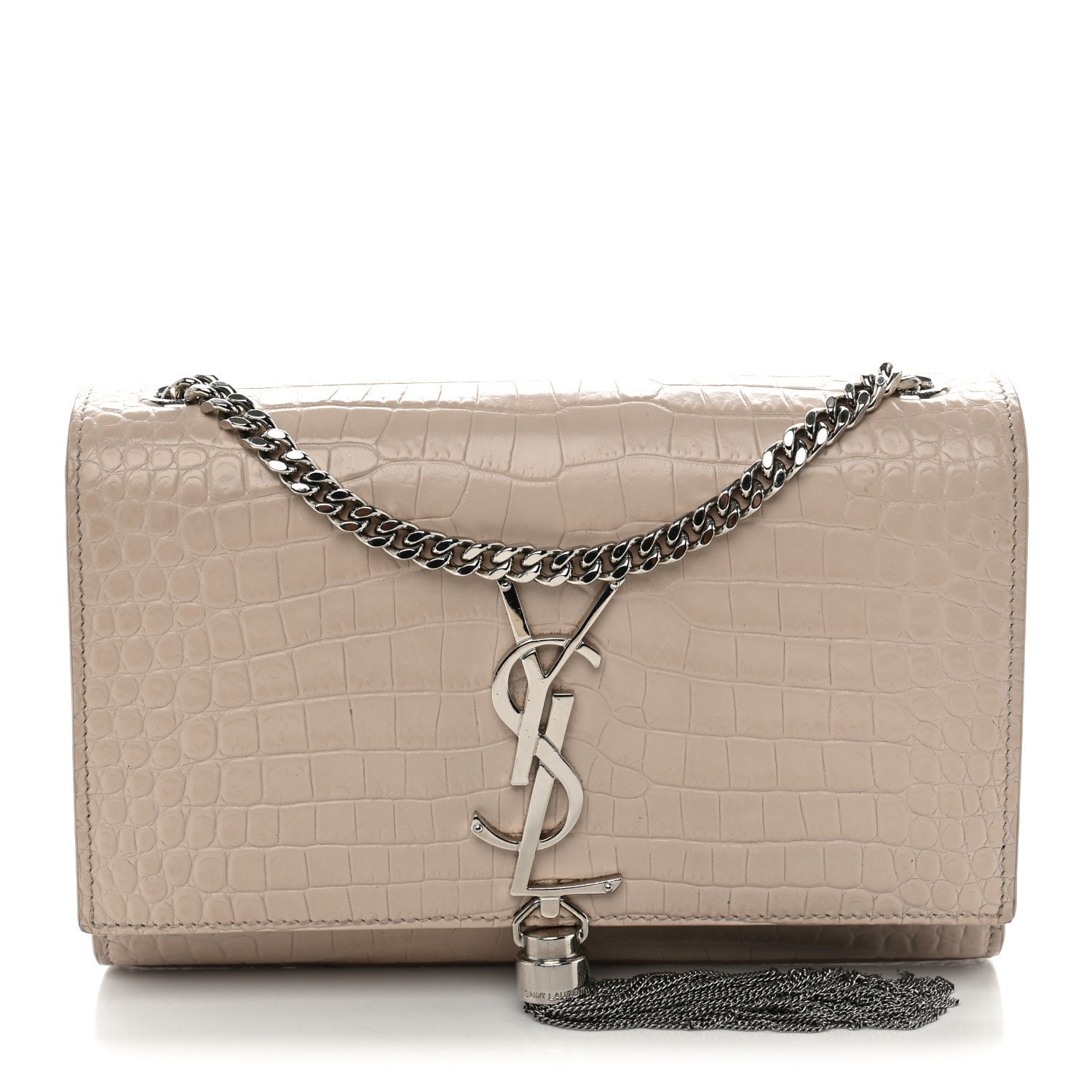 Saint Laurent Calfskin Crocodile Embossed Small Classic Monogram Kate Tassel Satchel Light Pink