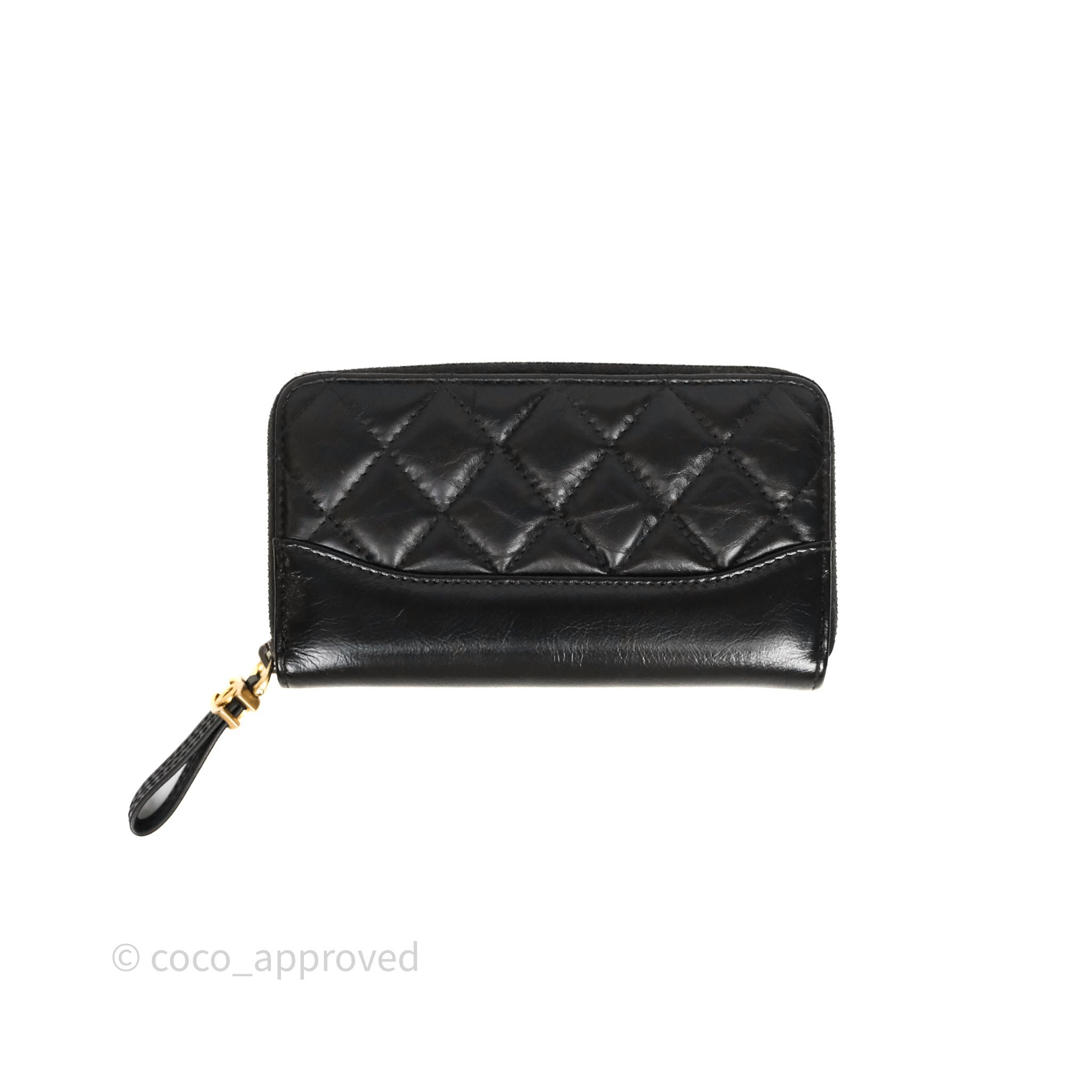 Chanel Quilted Gabrielle Zip Long Wallet Black Aged Gold Hardware