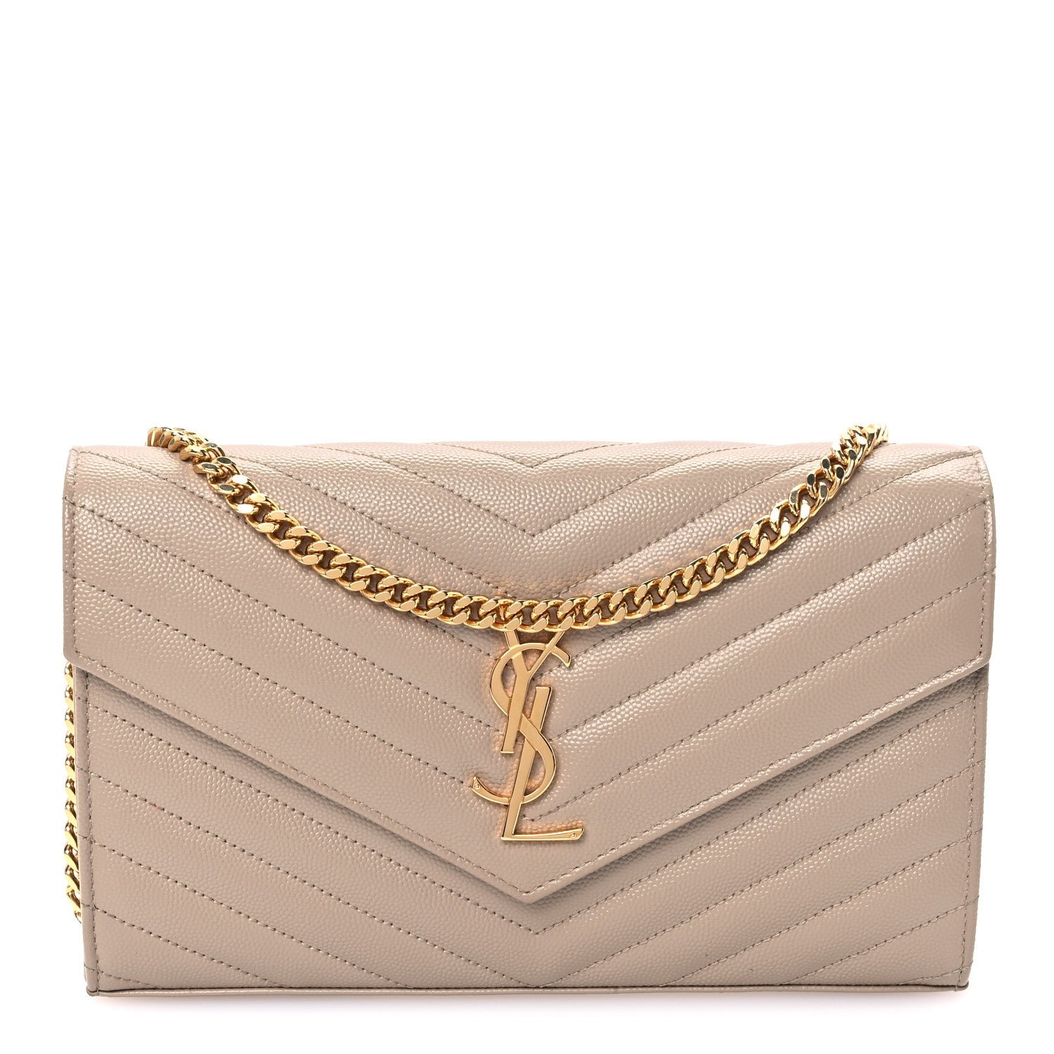Saint Laurent Grain De Poudre Matelasse Chevron Monogram Chain Wallet Dark Beige