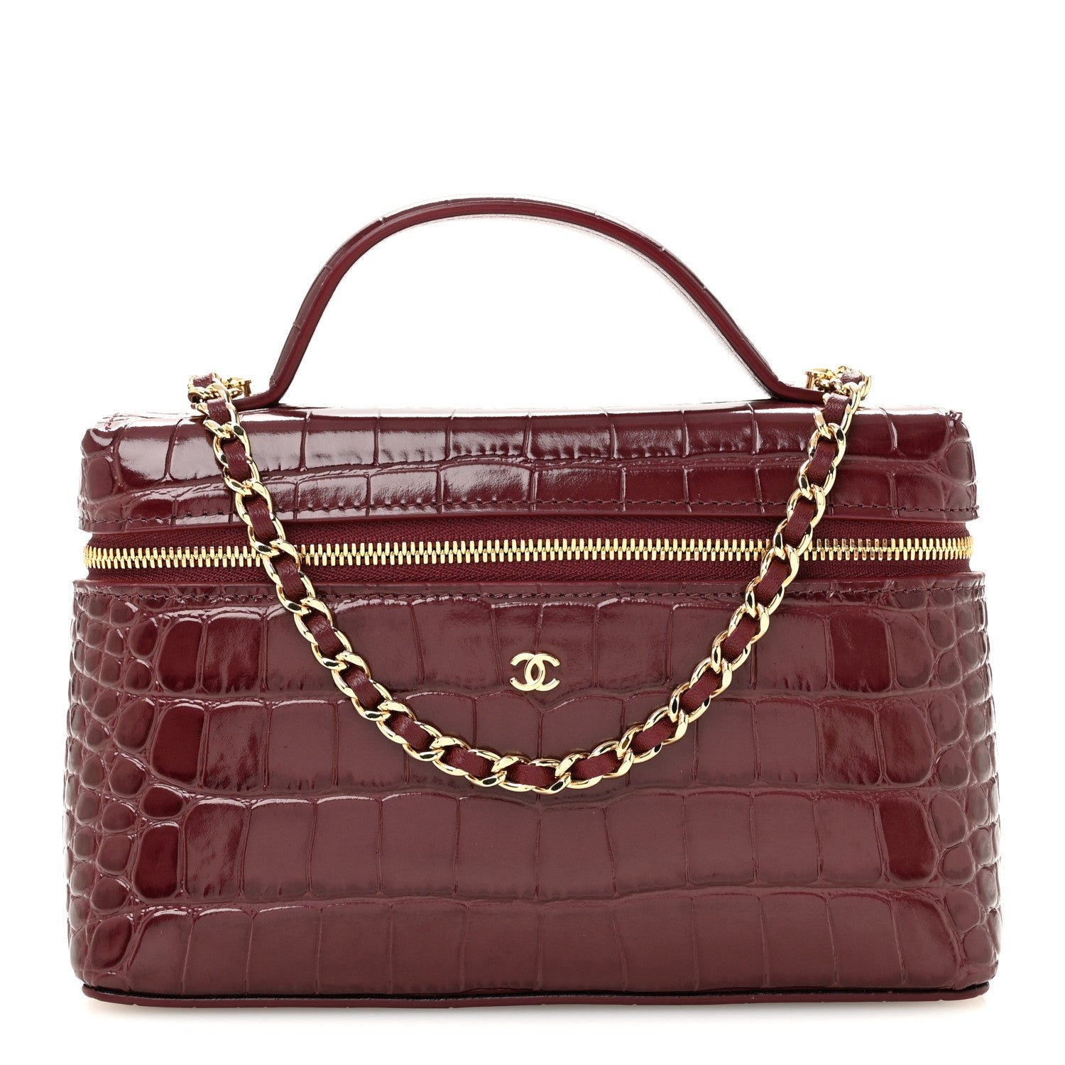 Chanel Calfskin Crocodile Embossed Crococo Top Handle Slim Vanity Case With Chain Dark Burgundy