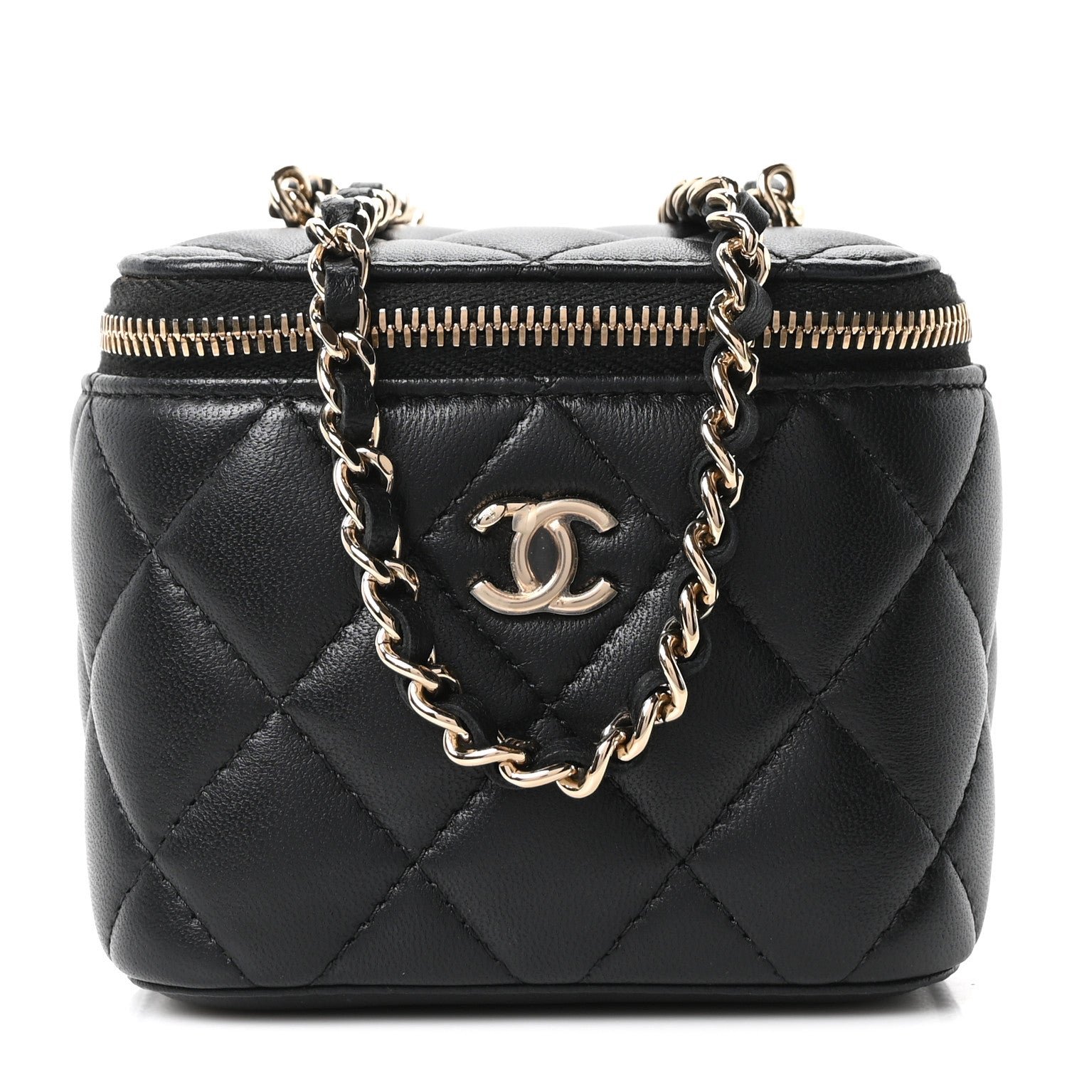 Chanel Lambskin Quilted Mini Enamel CC Pearl Crush Vanity Case With Chain  Black