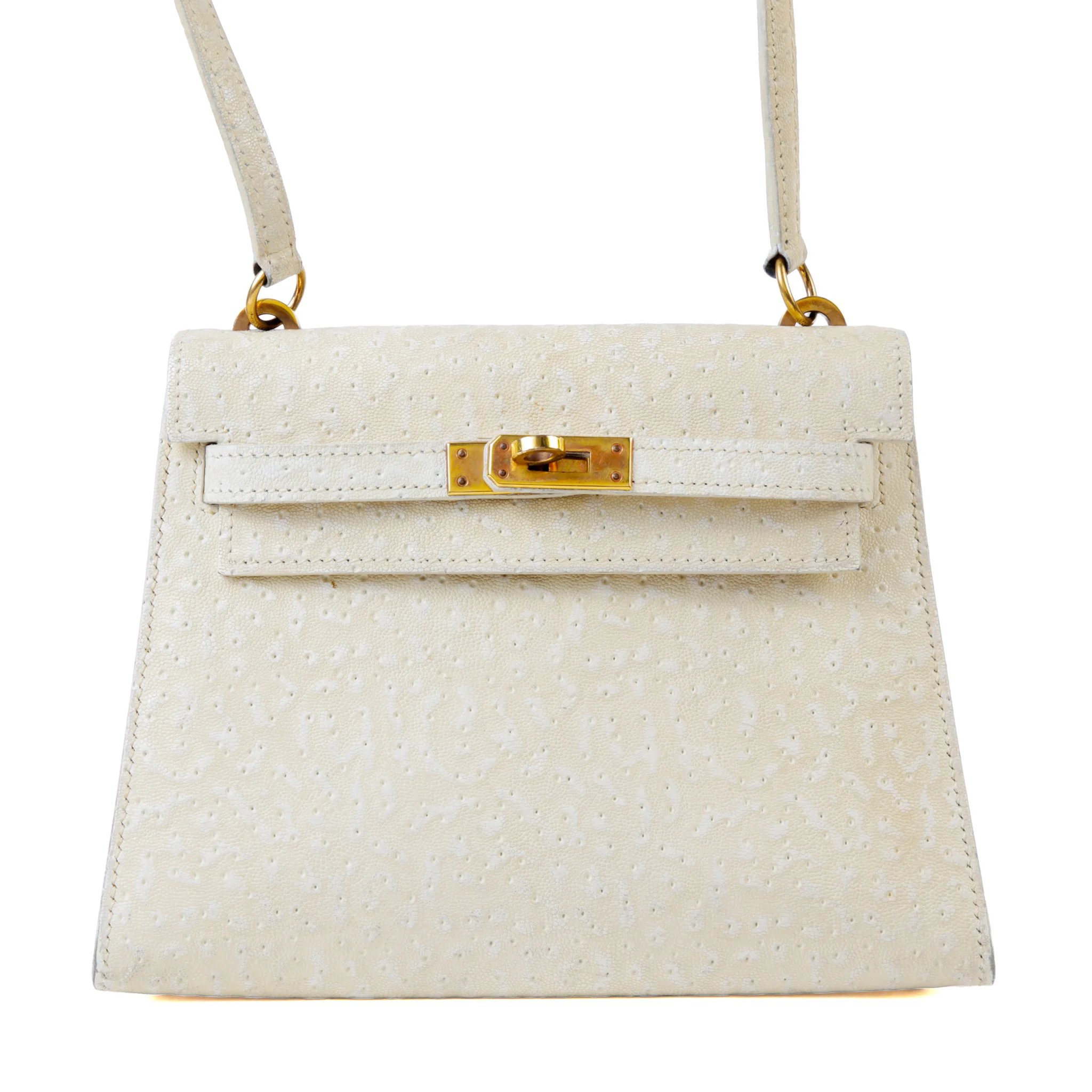 Fair ( Rank B ) HERMÈS Limited Edition Vintage Mini Kelly 20 Ivory Beluga Whale Leather Gold hardware Circle C (1973)
