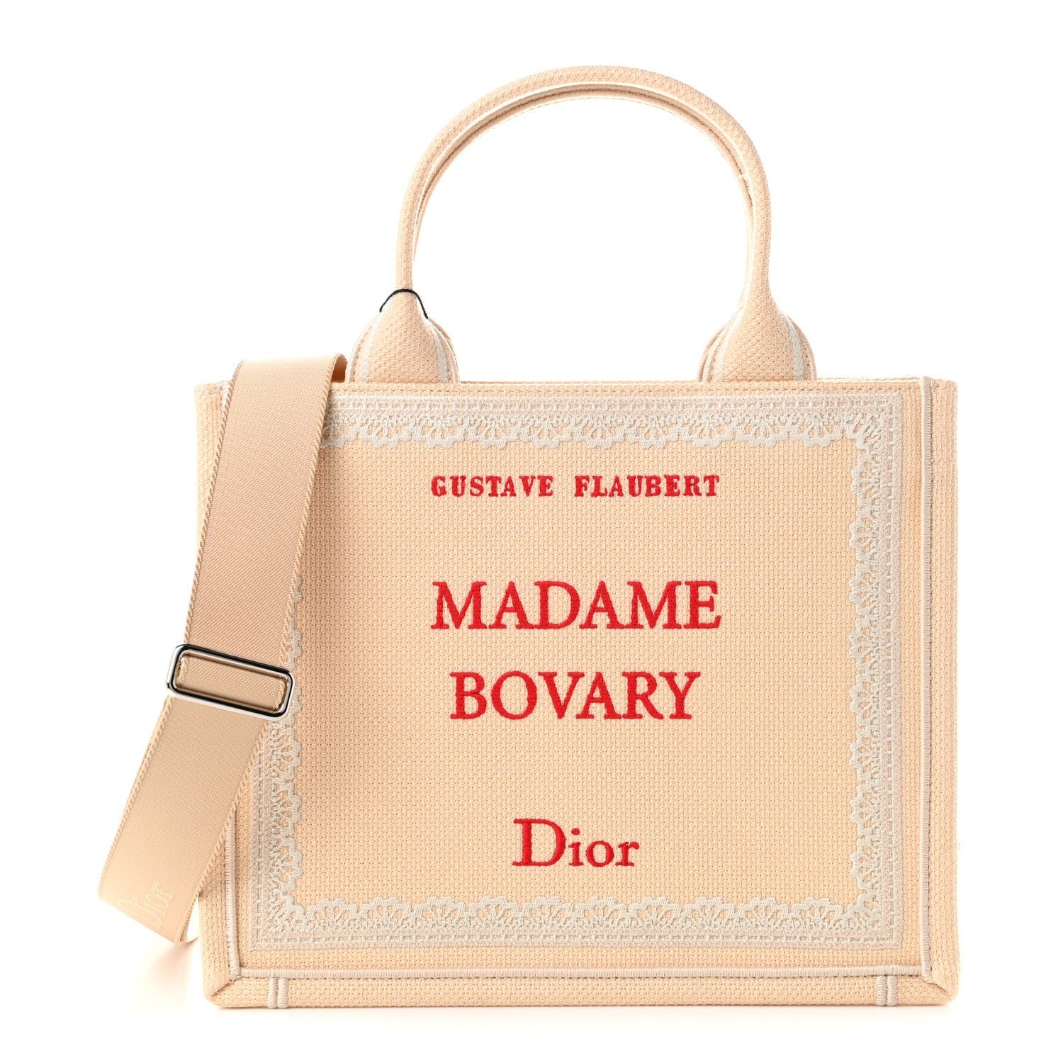 Christian Dior Oblique Embroidered Lace Dior Madame Bovary Small Book Tote With Strap Beige Red