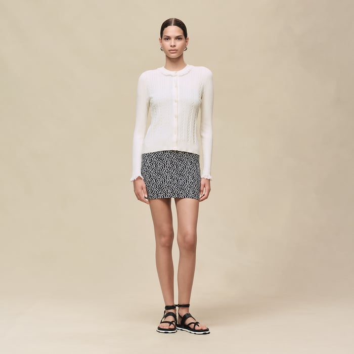 Blanc Naturel Long-sleeve Cardigan With Ruffled Details