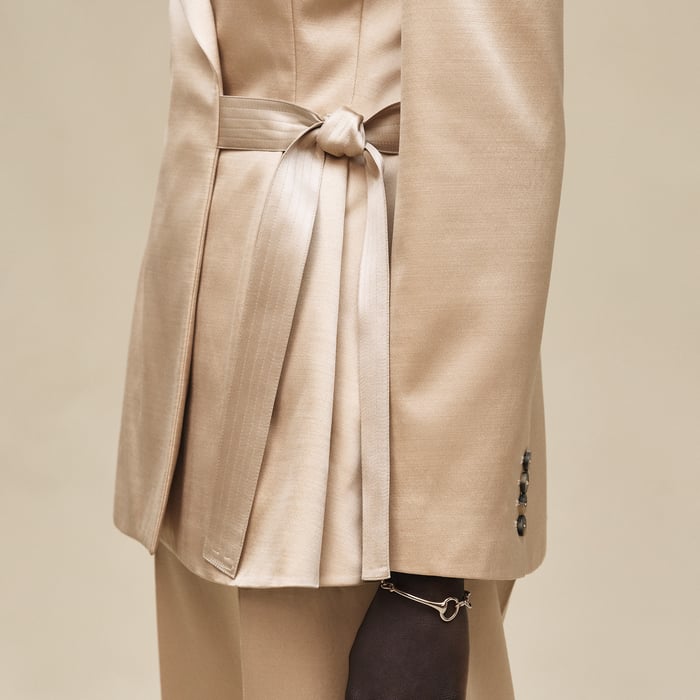 Beige Gold Suit Jacket With Knotted Waist