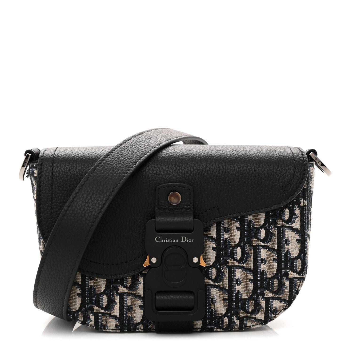 Christian Dior Grained Calfskin Oblique Mini Saddle Messenger Bag With Flap Beige Black