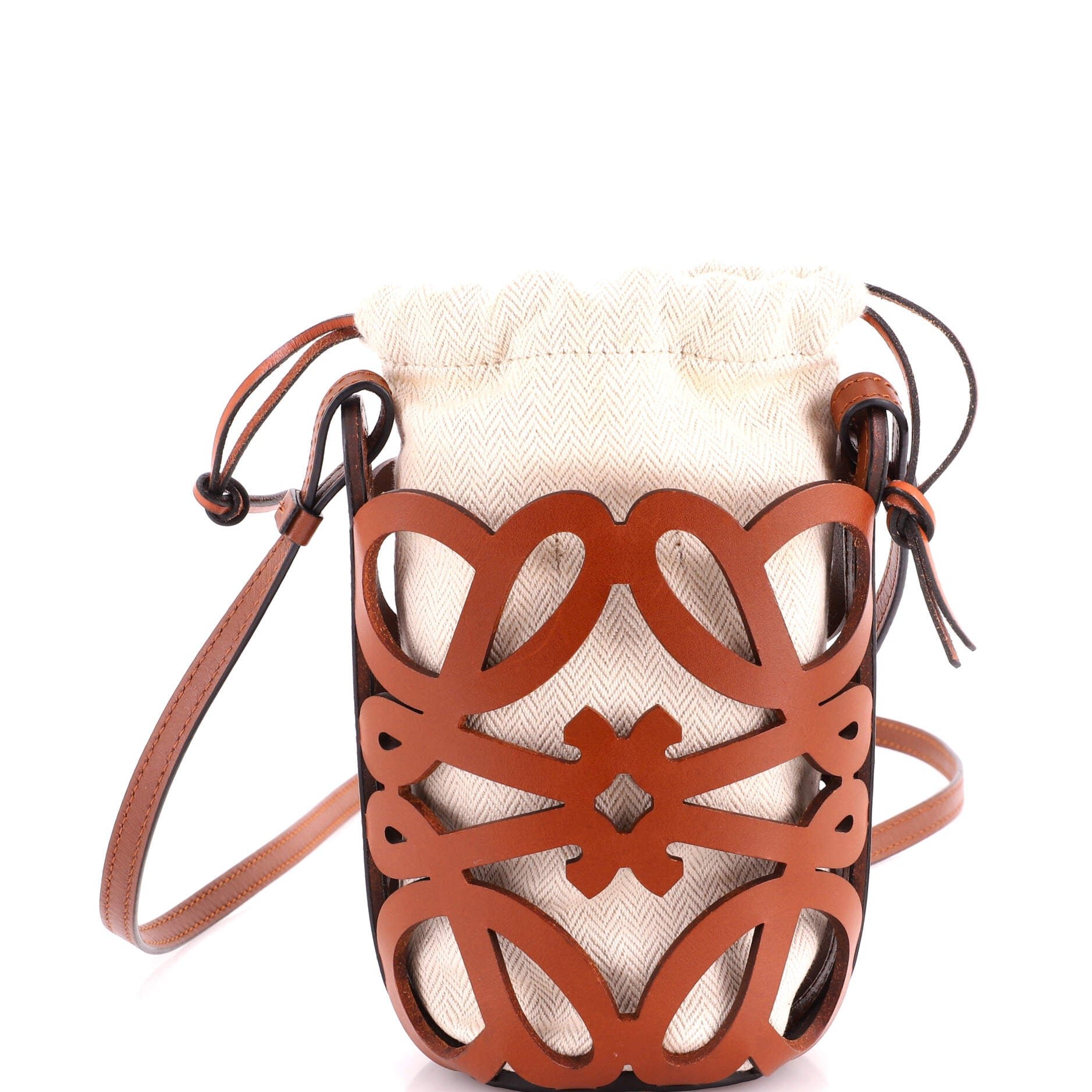 Loewe Anagram Drawstring Bucket Crossbody Bag Leather with Canvas Mini