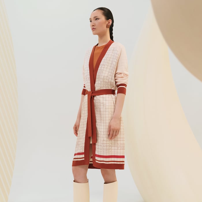 Beige Kaolin "Coaching Deja Vu Finesse" Long-sleeve Twillaine Cardigan