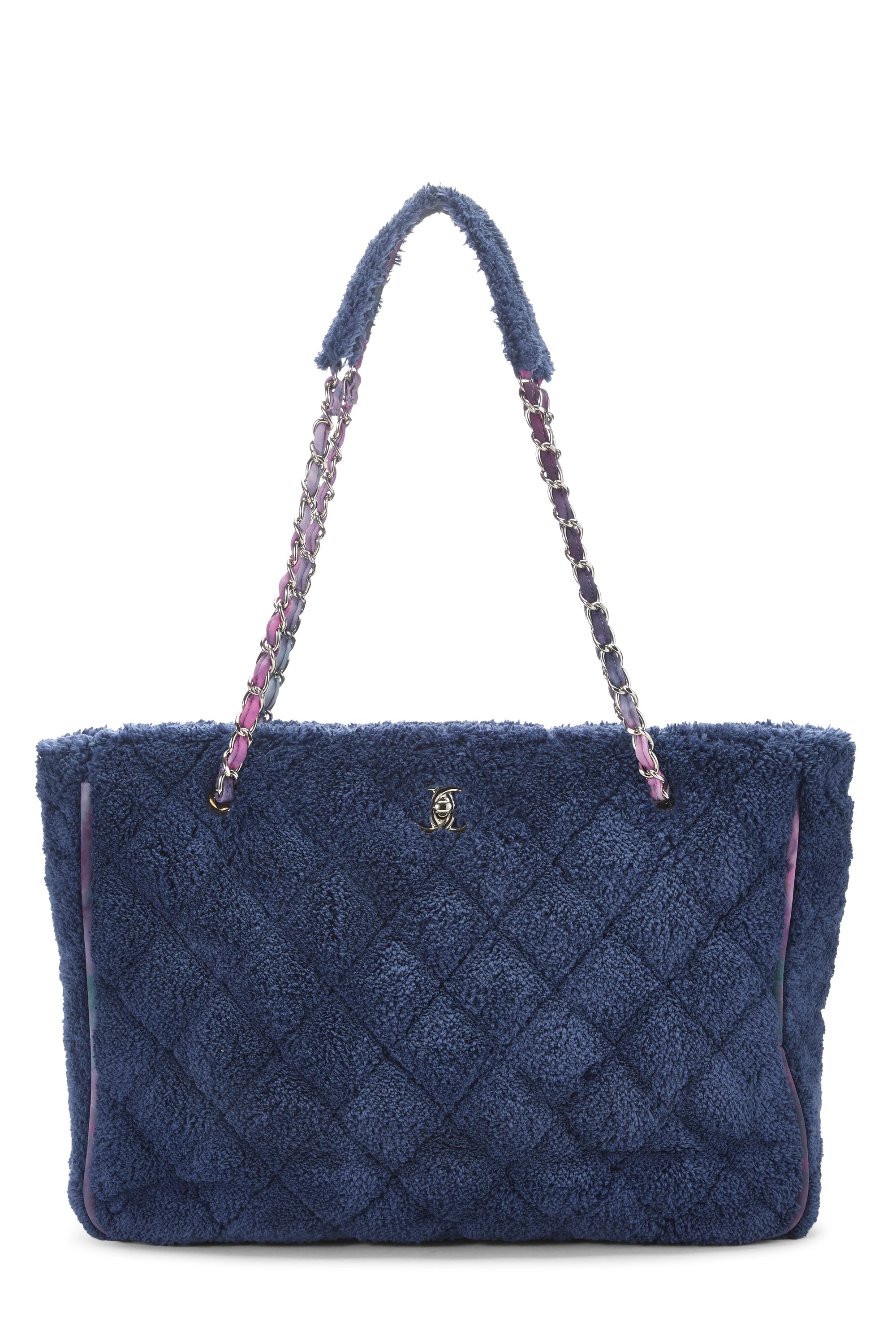 Blue Terry Cloth Ribbon Shopping Tote Bag Large