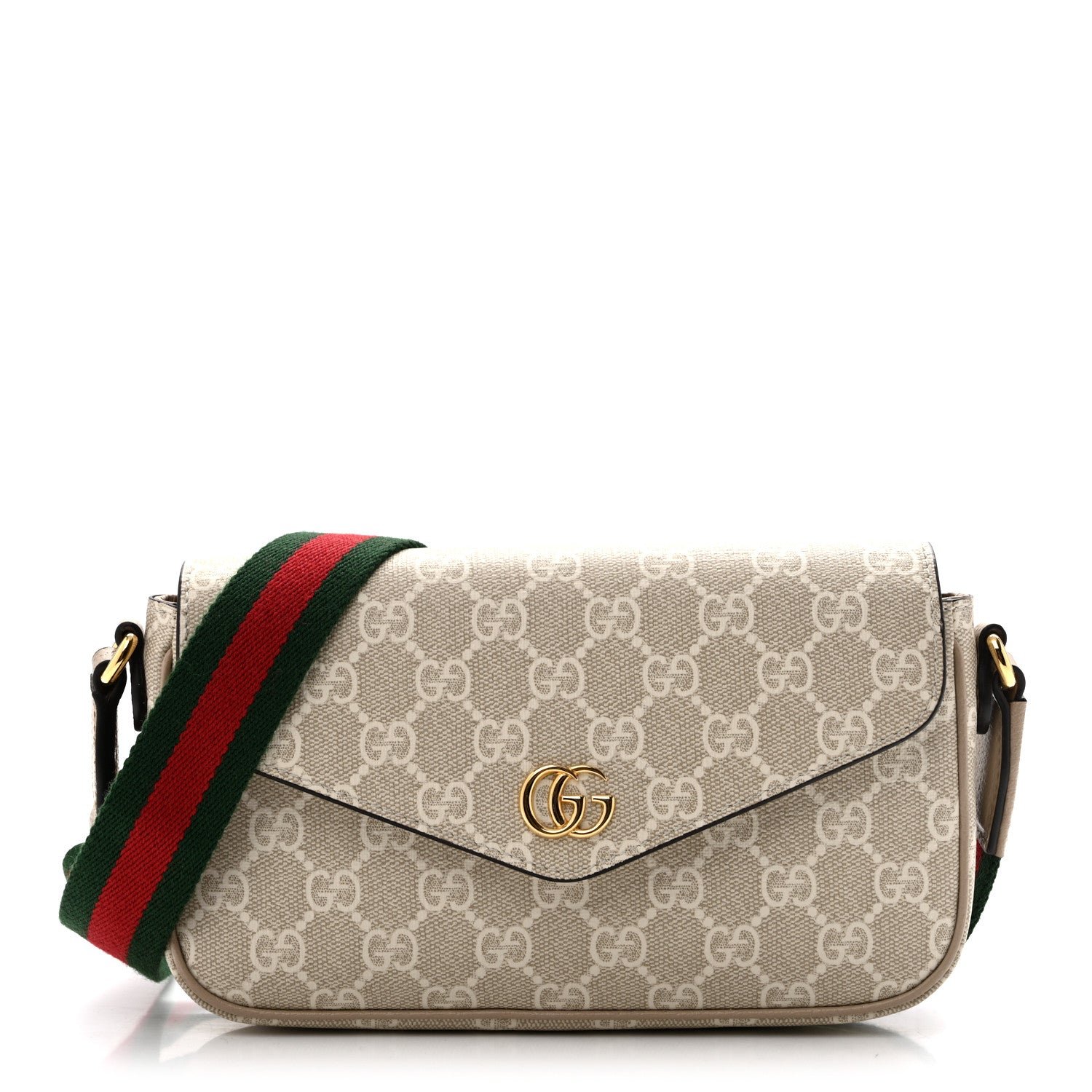 Gucci GG Supreme Monogram Textured Dollar Calfskin Web Mini Ophidia Envelope Shoulder Bag Beige Mystic White Oatmeal