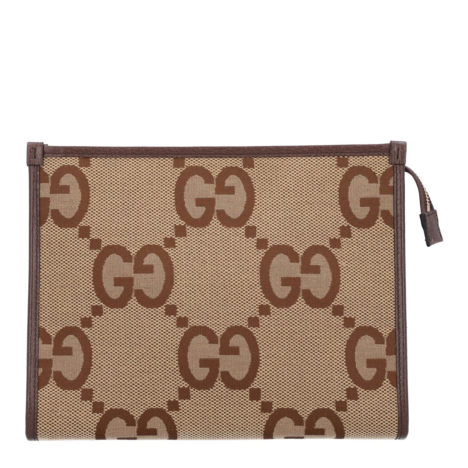 Gucci Monogram Jumbo GG Textured Dollar Calfskin Pouch Camel Ebony New Acero
