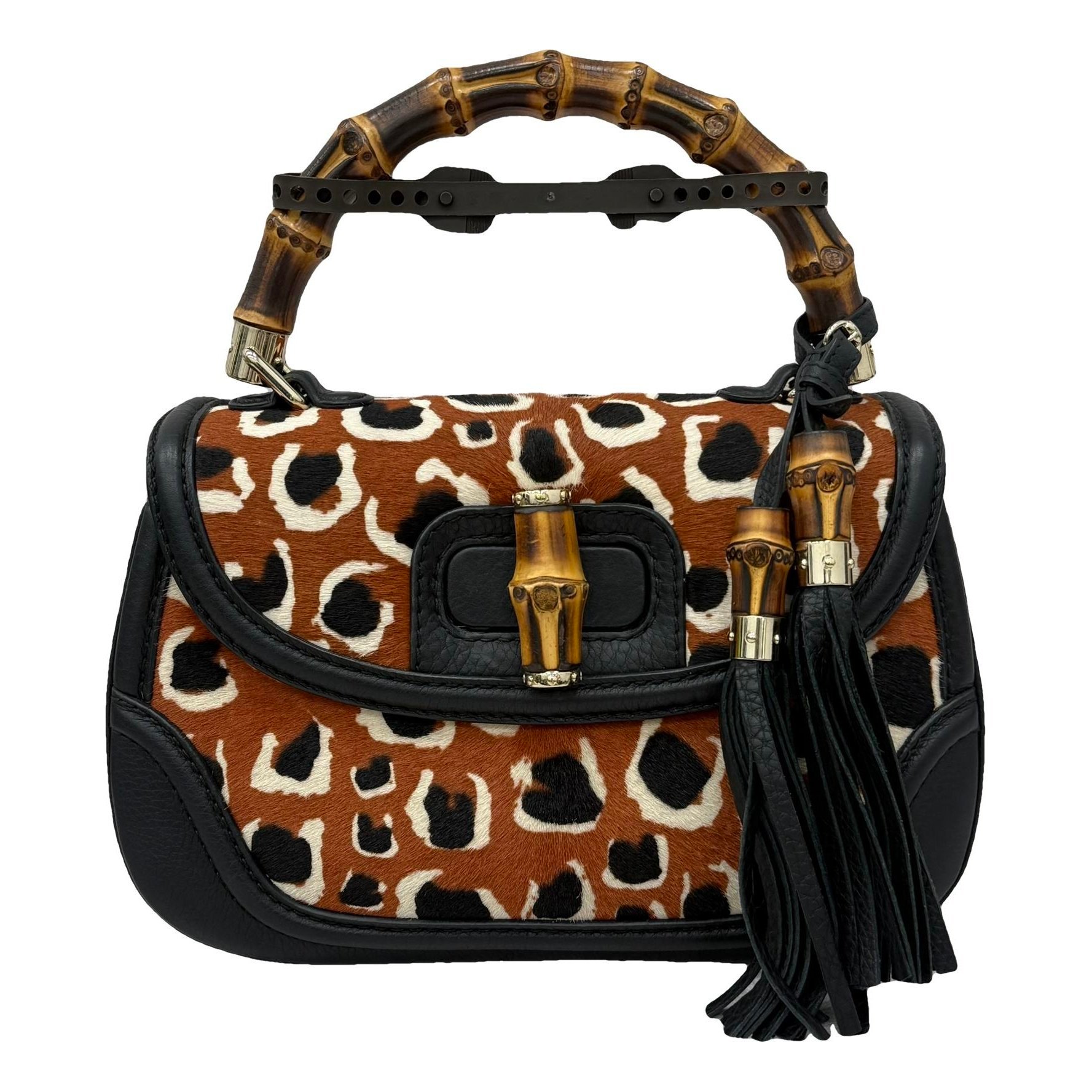 Convertible Pompon Bamboo Top Handle leather handbag
