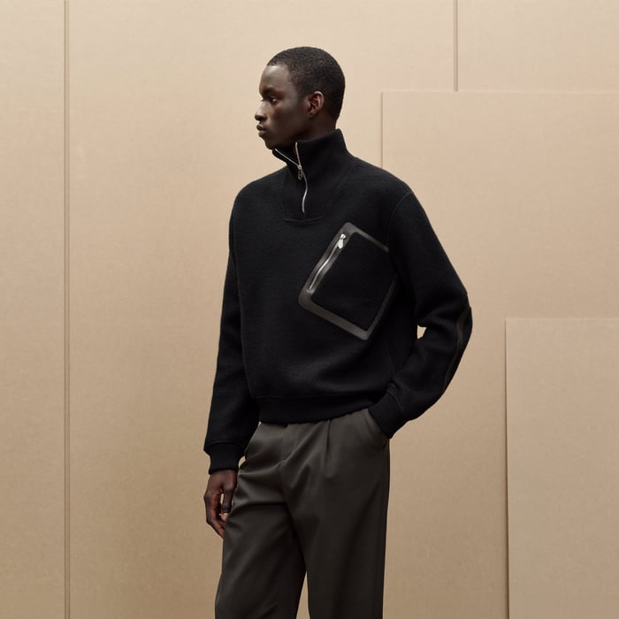 Noir Full-zip Sweater With Leather Detail