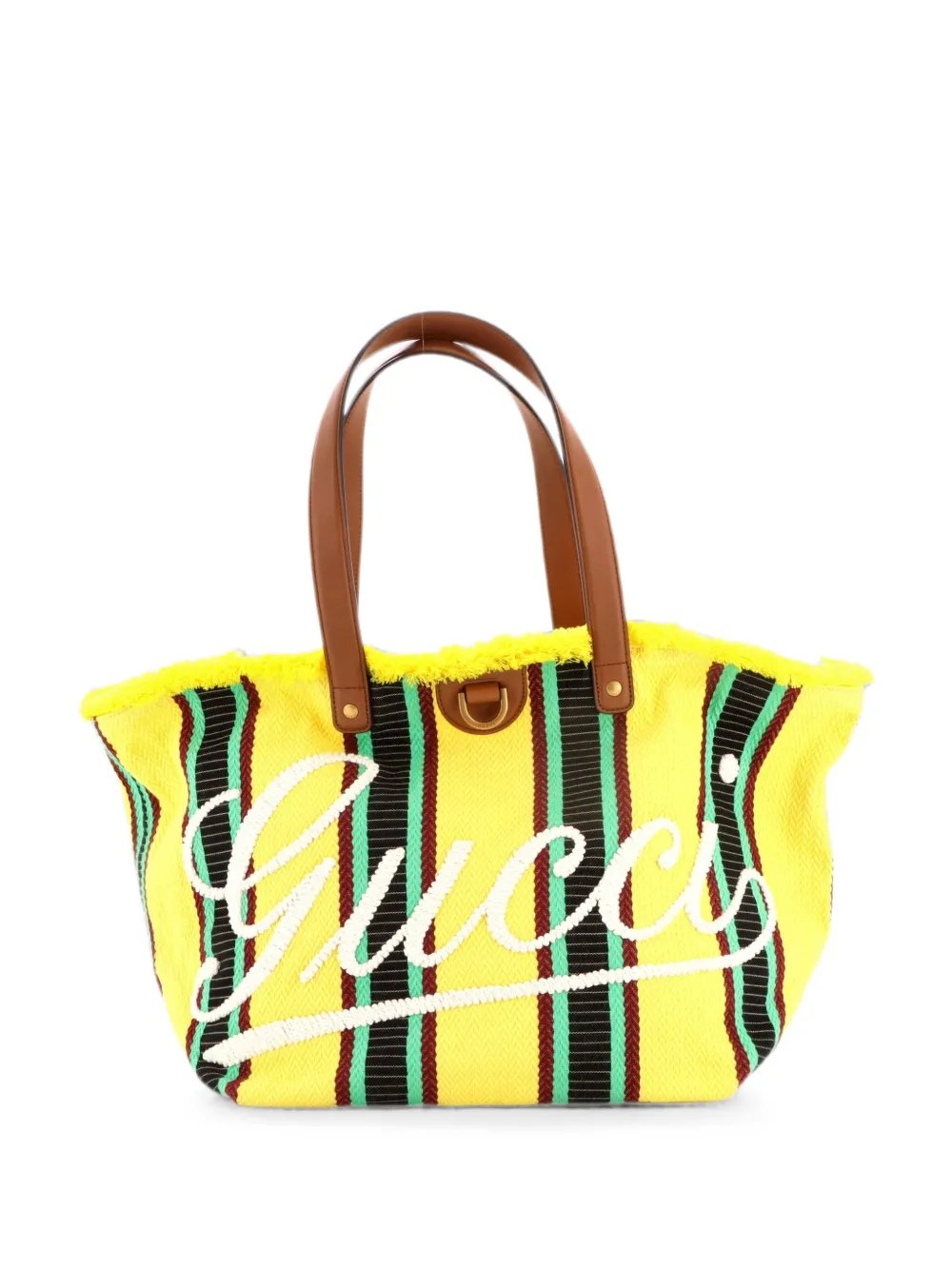 Script Open Embroidered Stripe Canvas with Leather Medium tote bag