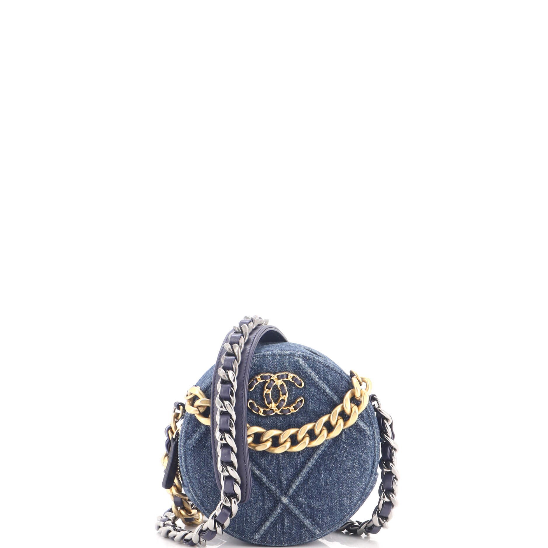 19 Round Clutch with Chain Quilted Denim