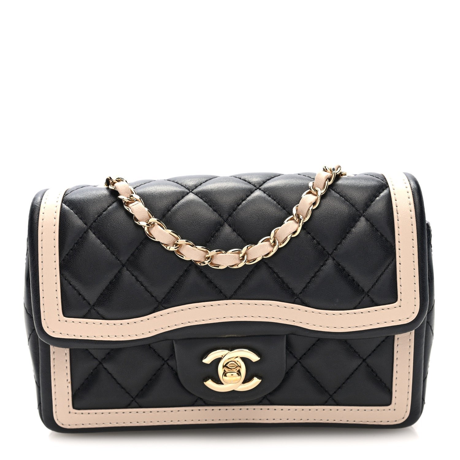 Chanel Shiny Lambskin Quilted Half Mini Flap Black Beige