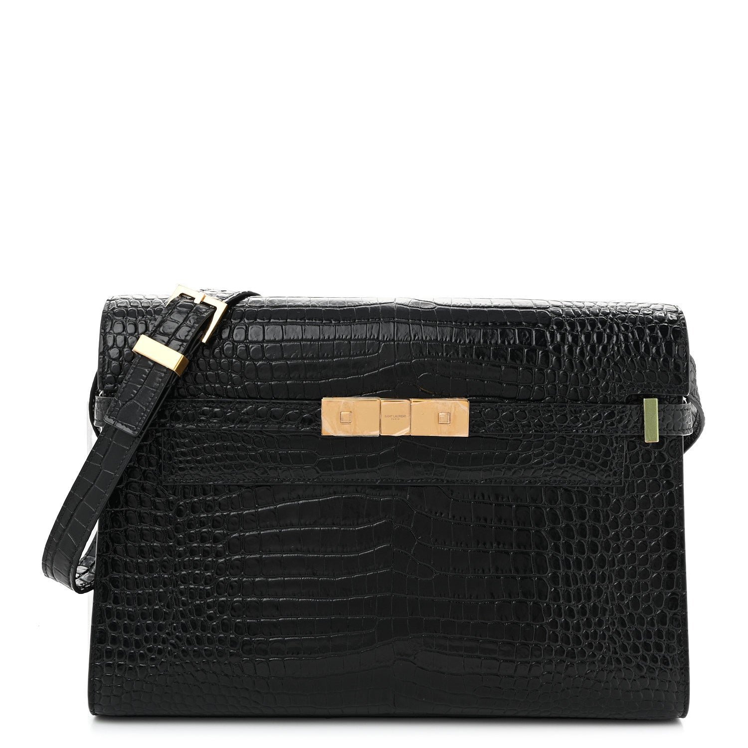 Saint Laurent Shiny Calfskin Crocodile Embossed Manhattan Baguette Black
