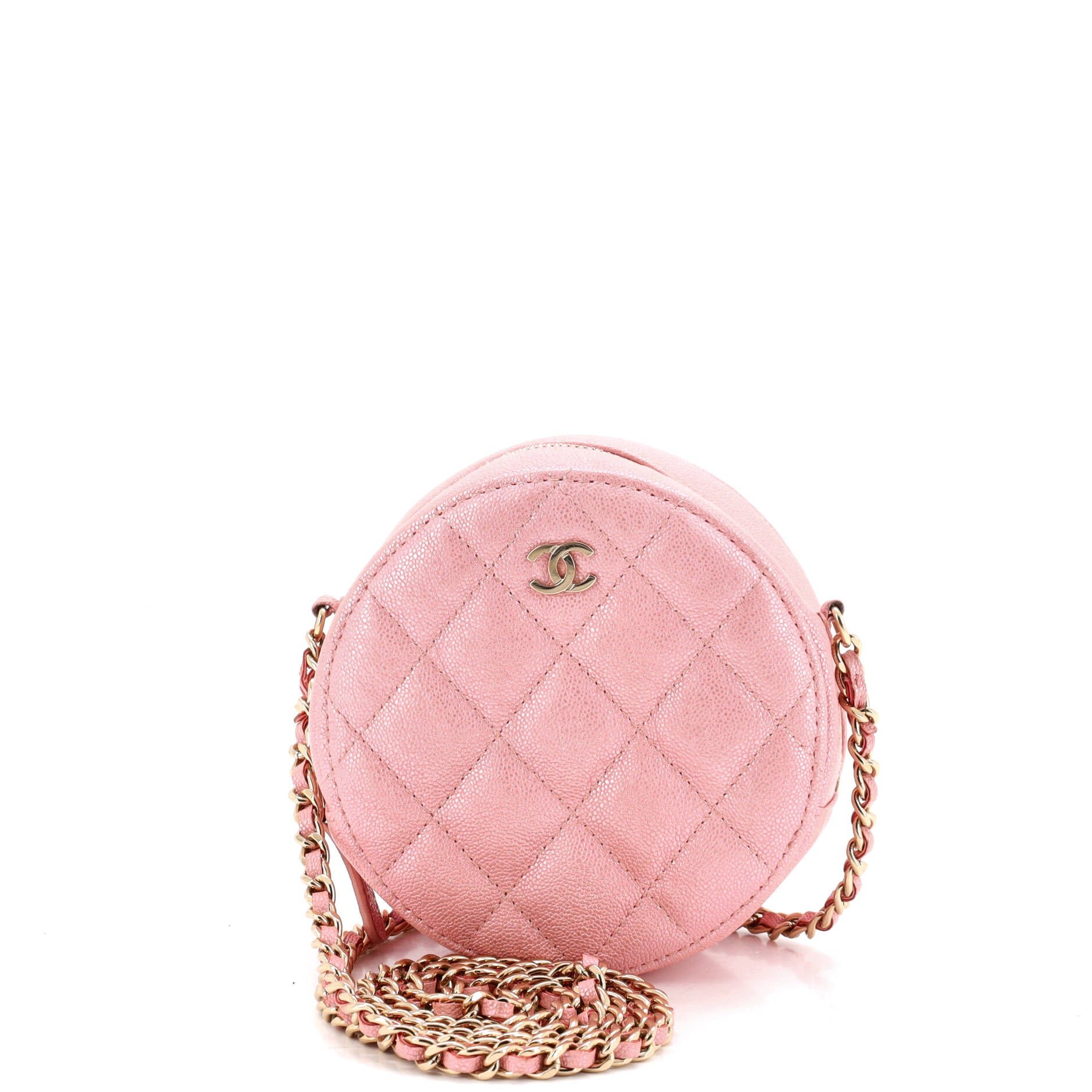 Round Clutch with Chain Quilted Iridescent Caviar Mini