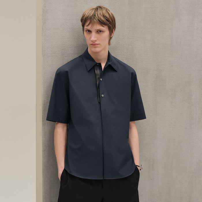 Ardoise Short-sleeve Straight Cut Shirt With Leather Detail