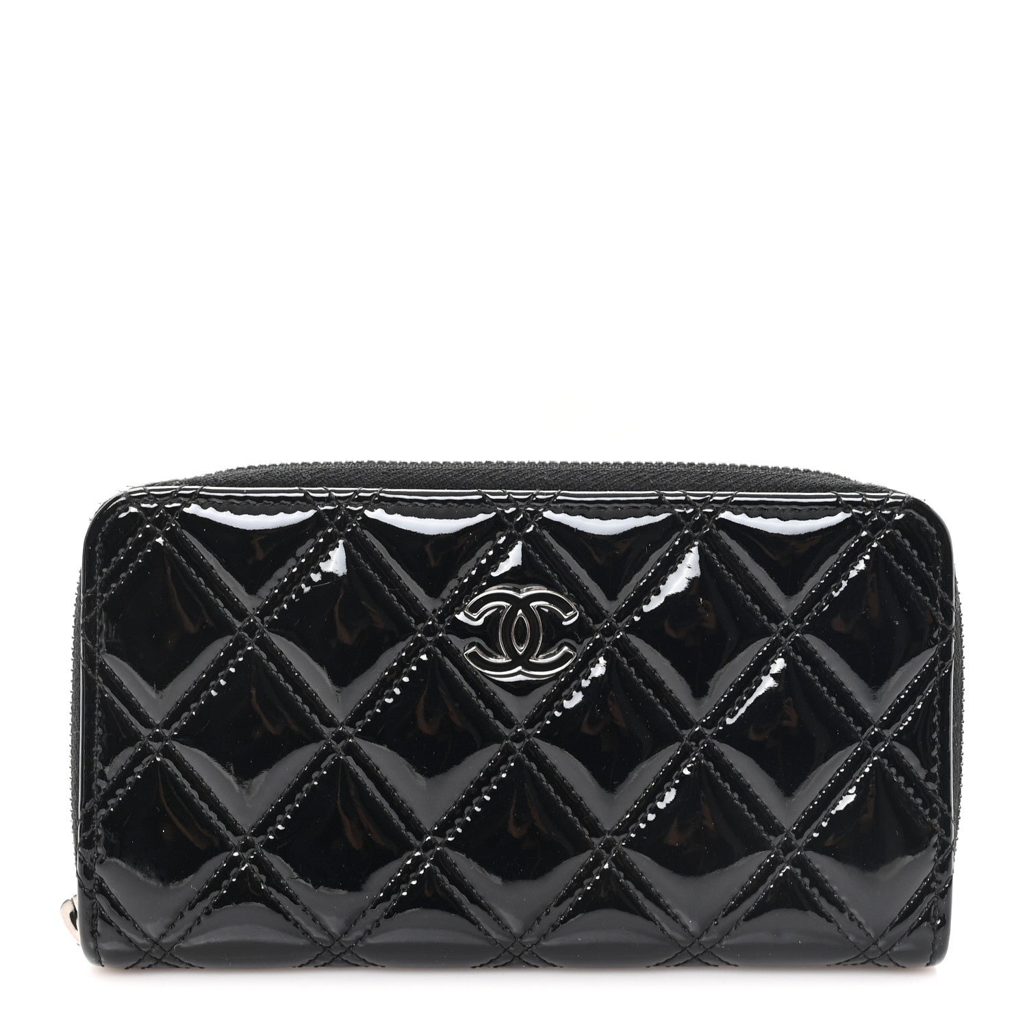 Chanel Patent Quilted Double Stitched Zip Around Wallet Black