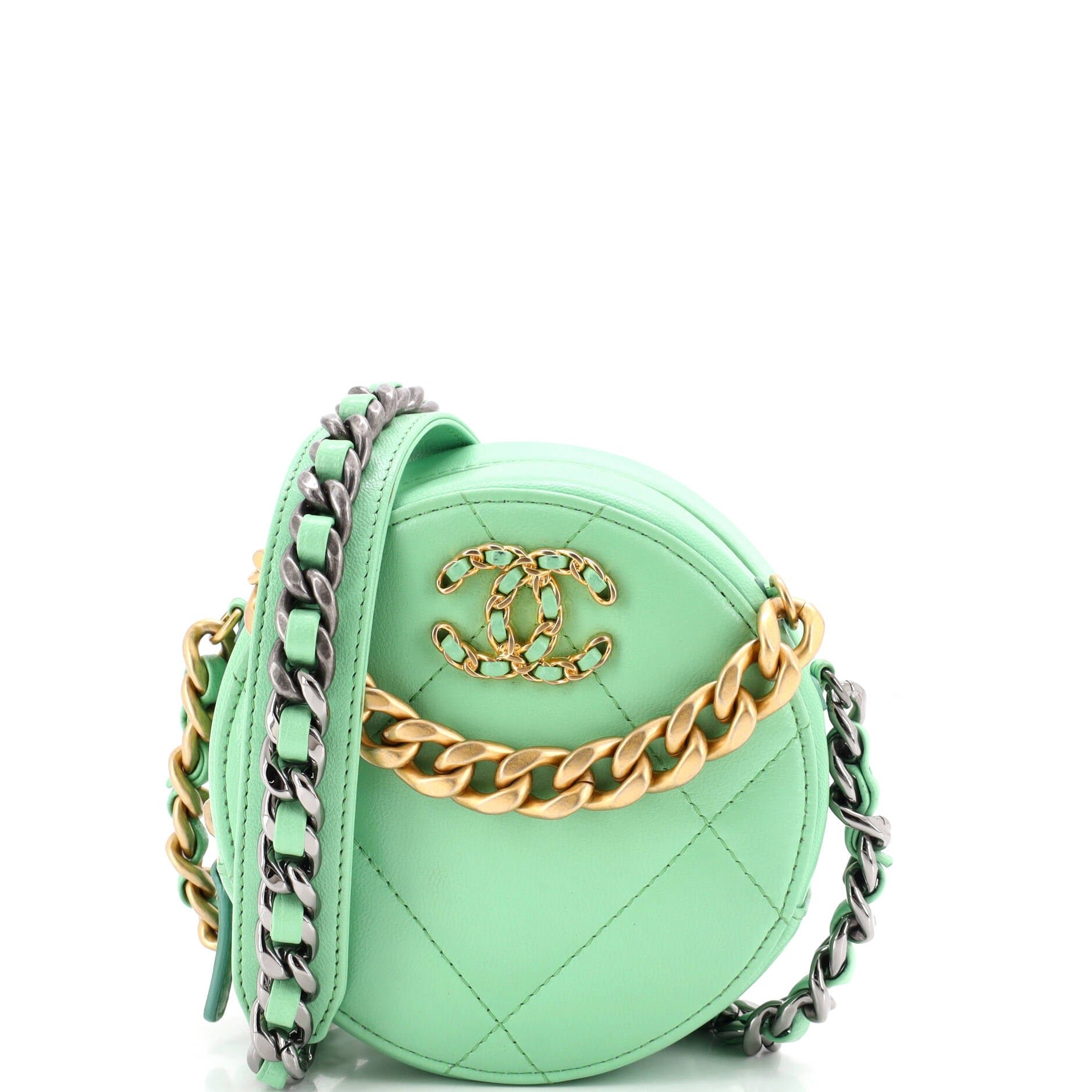 19 Round Clutch with Chain Quilted Leather