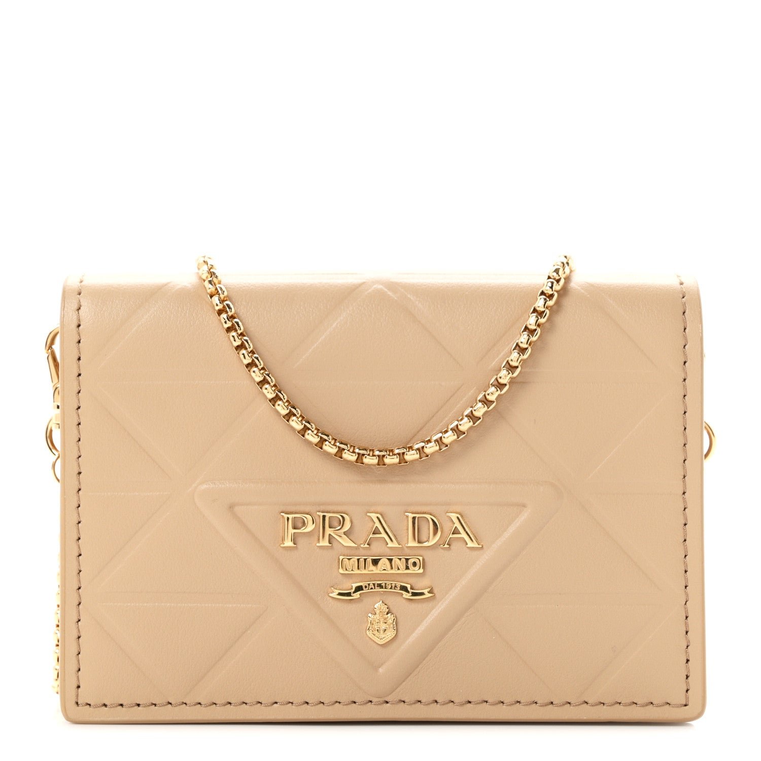 Prada Nappa Quilted Metal Patchwork Triangle Logo Card Holder With Strap Sand Beige