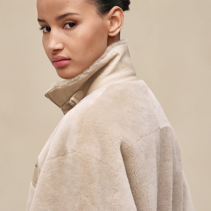 Beige Glaise Short Leather Coat