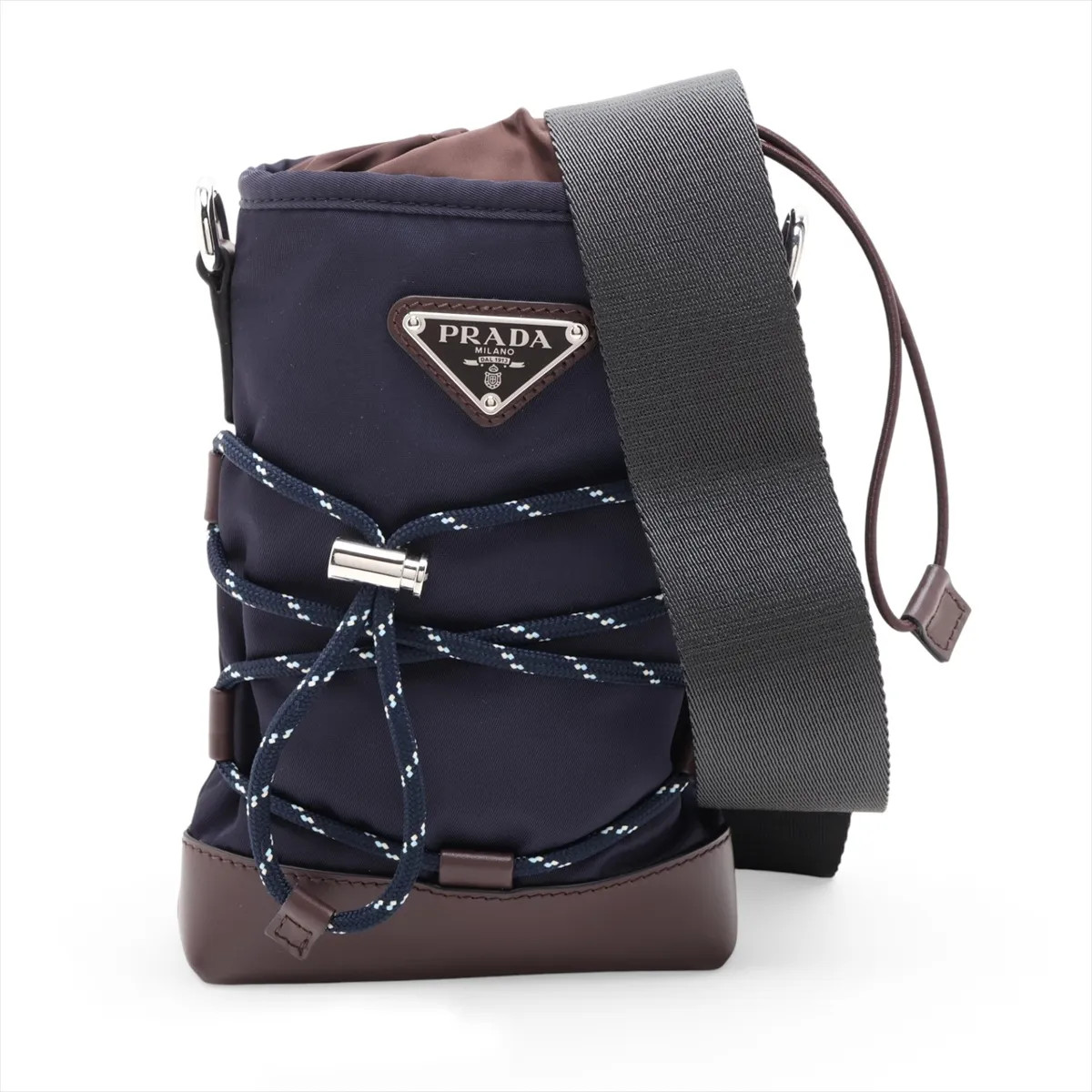 Prada Tessuto Nylon & Leather Shoulder bag Navy x brown