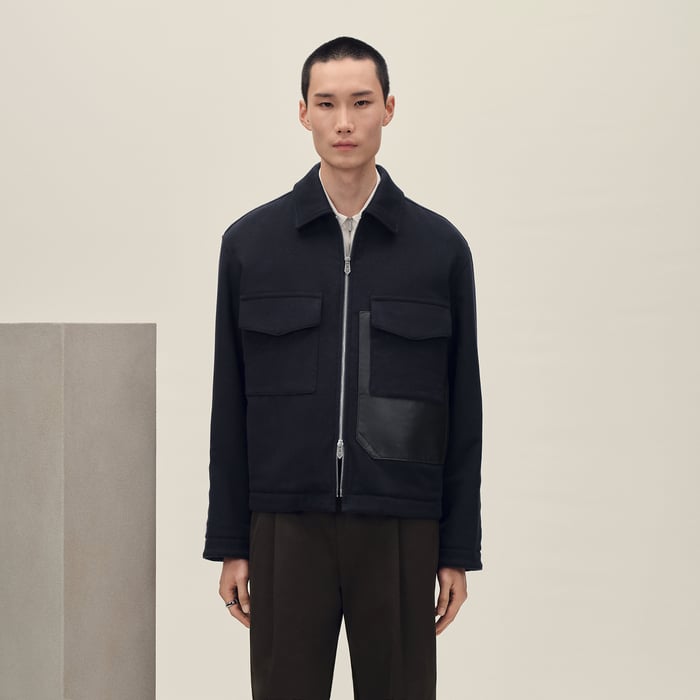 Marine Cashmere Zipped Straight Cut Jacket With Leather Details