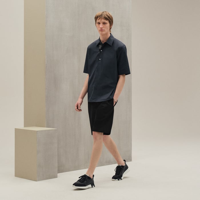 Ardoise Short-sleeve Straight Cut Shirt With Leather Detail