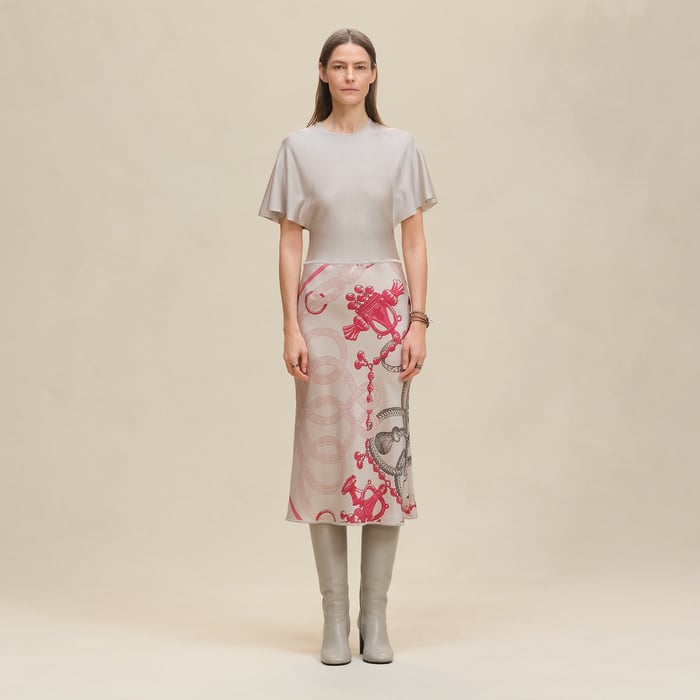 Beige Avoine "Palefroi Remix" Short-sleeve Twillaine Long Dress