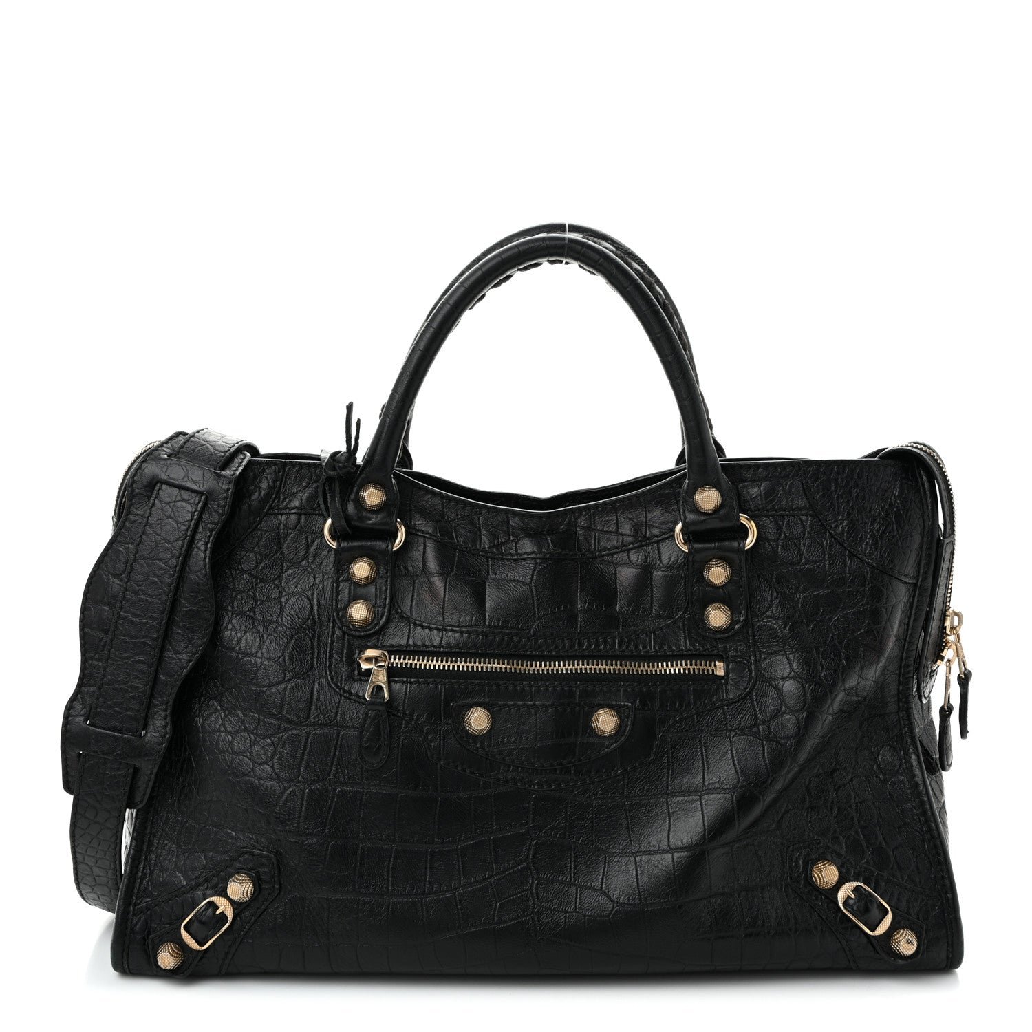 Balenciaga Calfskin Crocodile Embossed Giant 12 Gold Hardware City Black