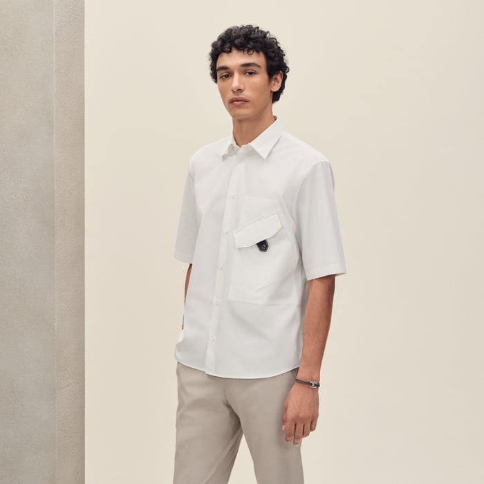 Blanc Short-sleeve Straight Cut Shirt With Leather Detail