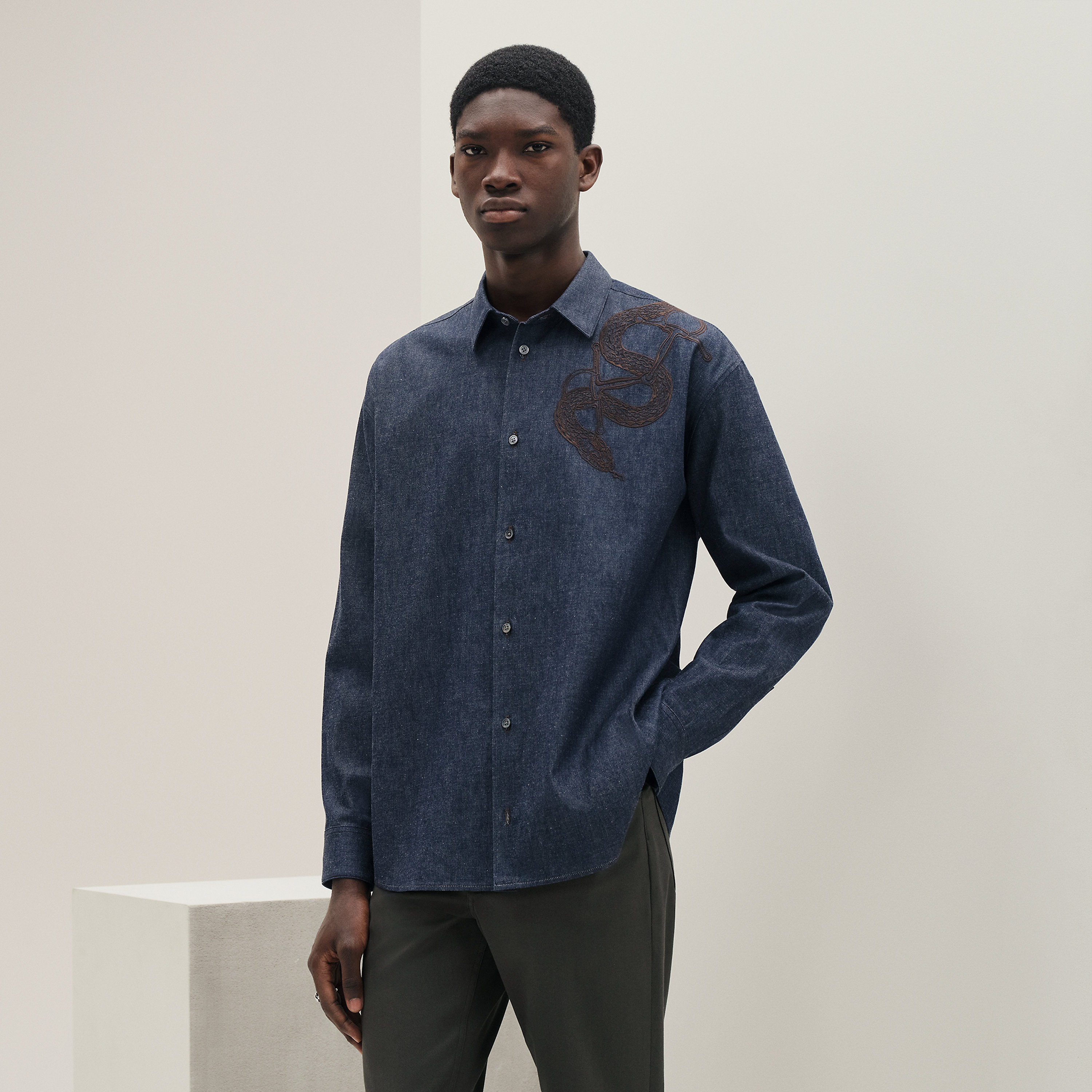 Embroidered boxy fit denim shirt