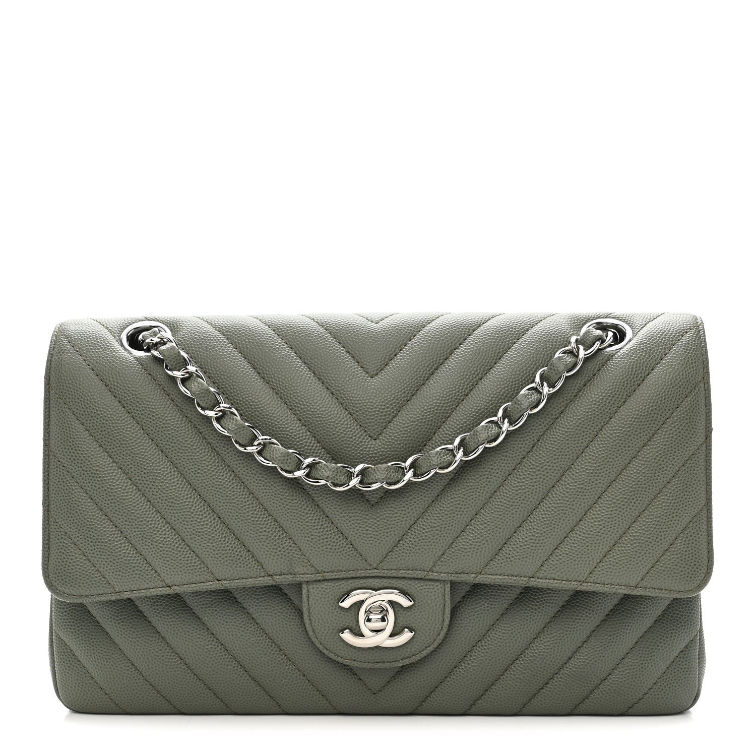 Chanel Caviar Chevron Quilted Medium Double Flap  Green