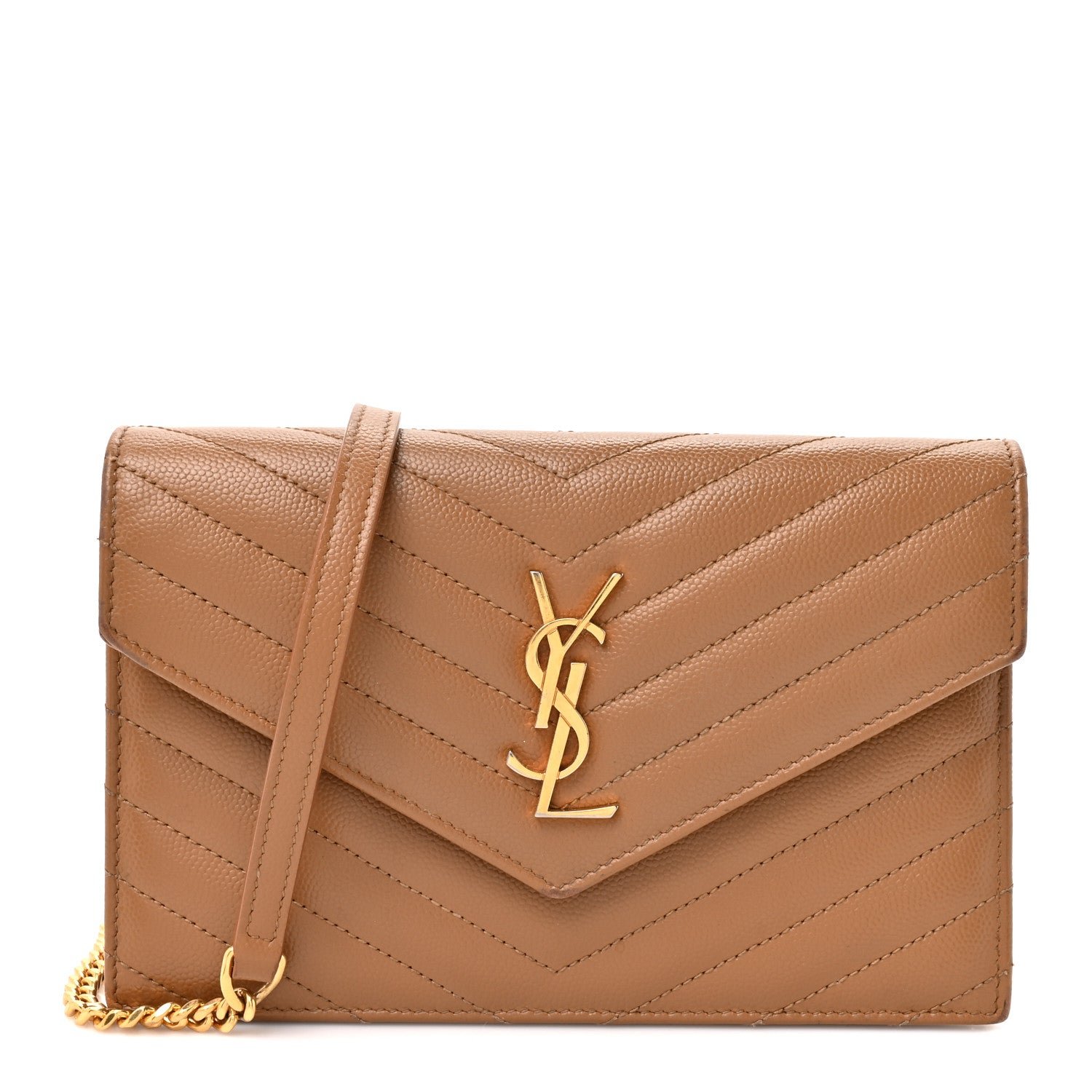 Saint Laurent Grain De Poudre Matelasse Chevron Monogram Envelope Chain Wallet Natural Dark