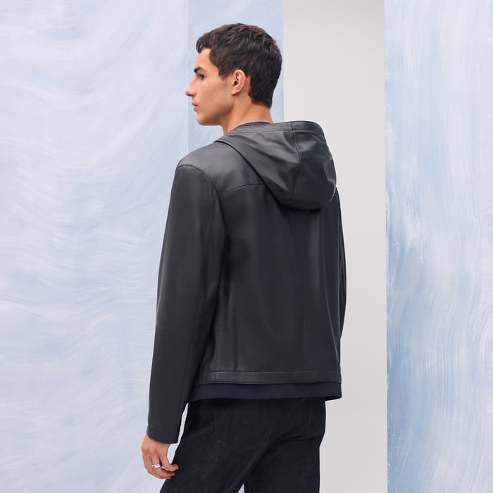 Marine Reversible Zipped Hooded Jacket With Leather Detail
