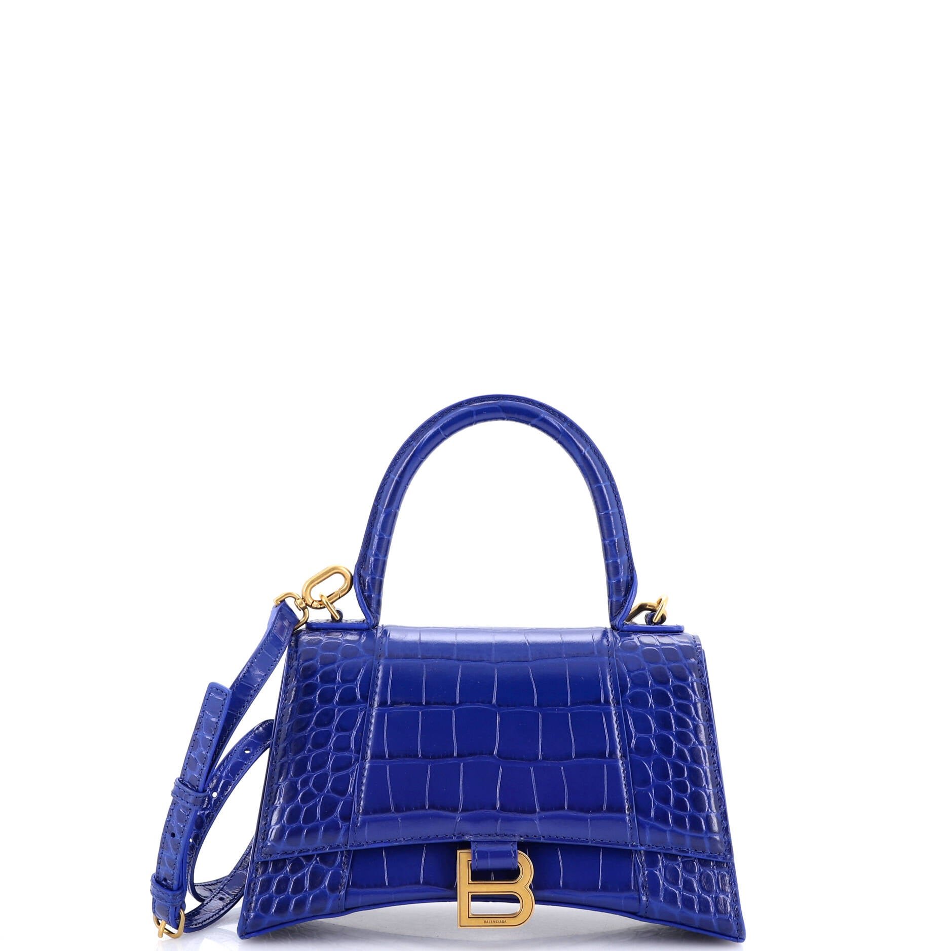 Hourglass Top Handle Bag Crocodile Embossed Leather Small