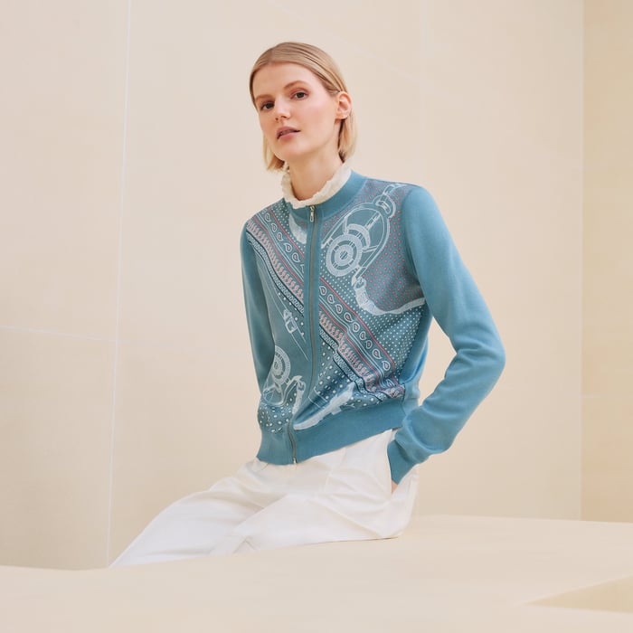 Bleu Arctique "Eperon d'Or Bandana" Long-sleeve Zipped Twillaine Cardigan