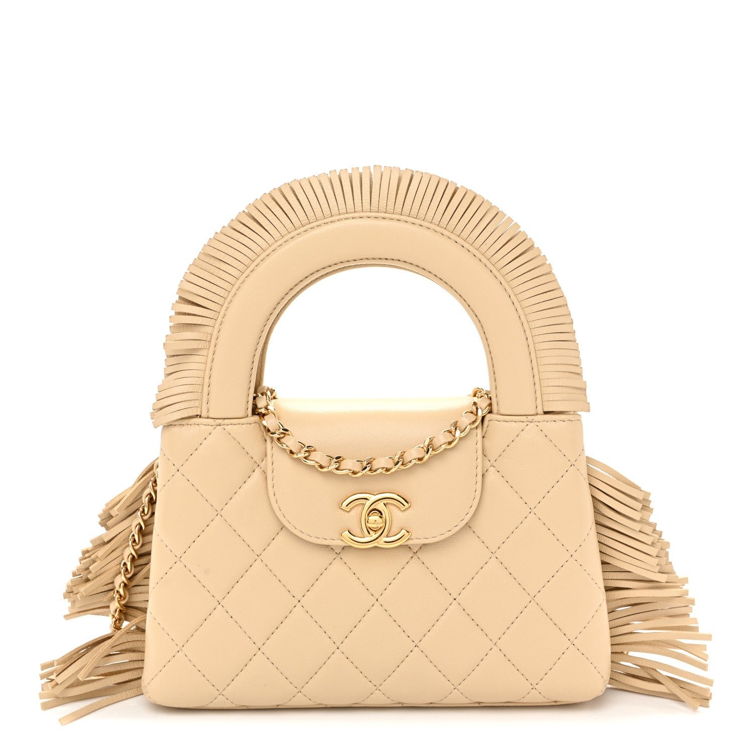 Chanel Lambskin Fringe Nano Kelly Shopper Beige