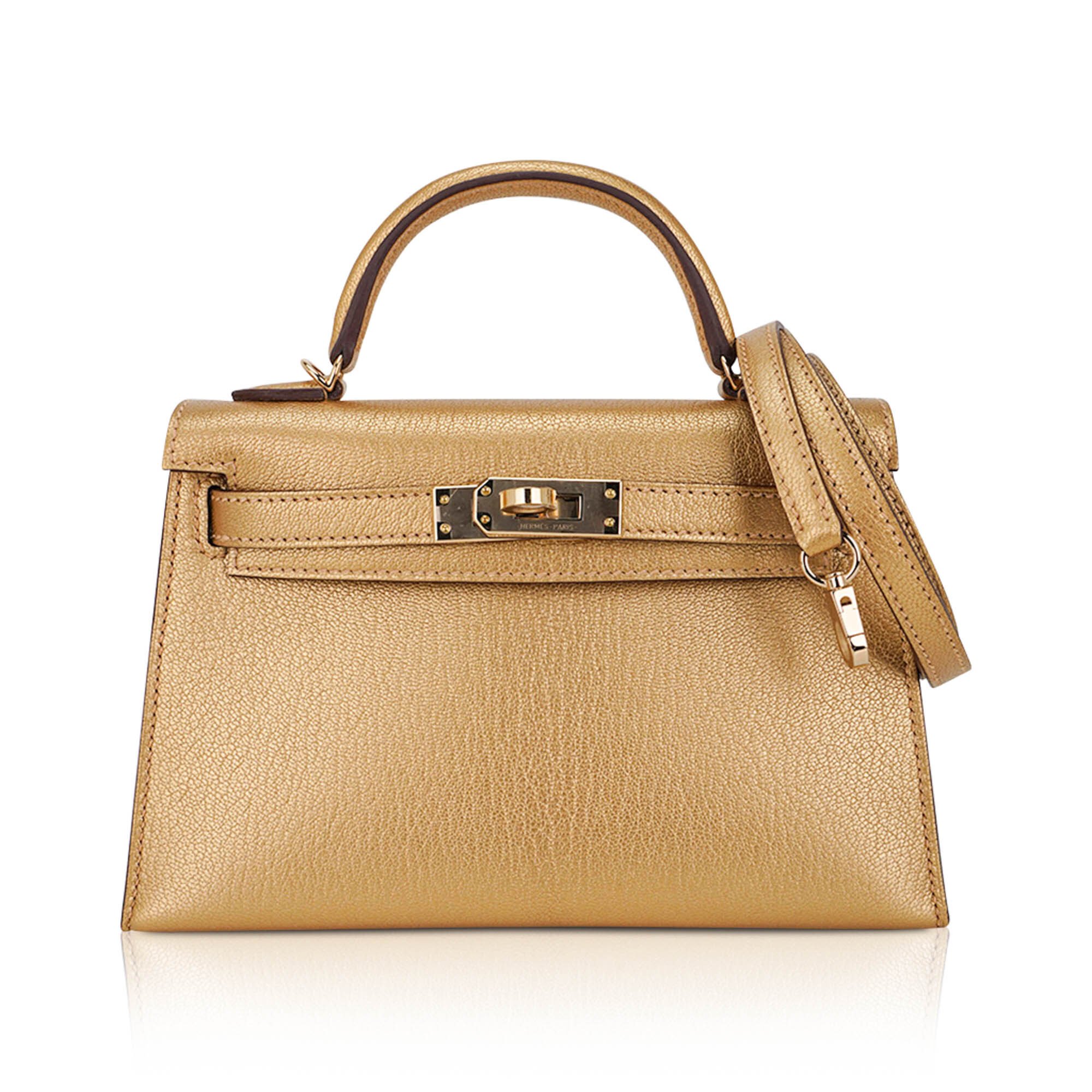 Hermes Hermès Kelly Sellier 20 Metallic Dore Chevre Chamkilight Permabrass Hardware