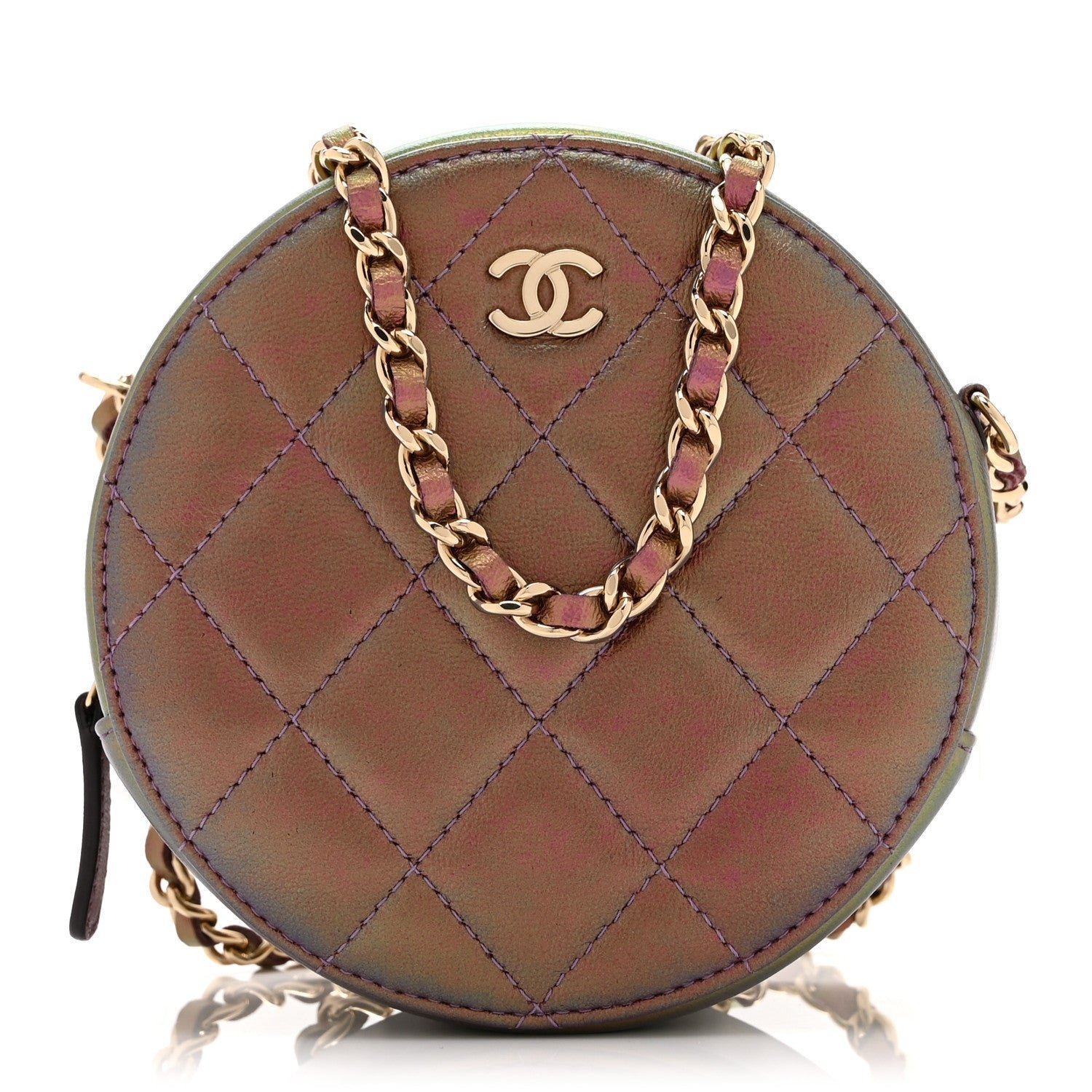 Chanel Iridescent Lambskin Quilted Round Clutch With Chain Purple