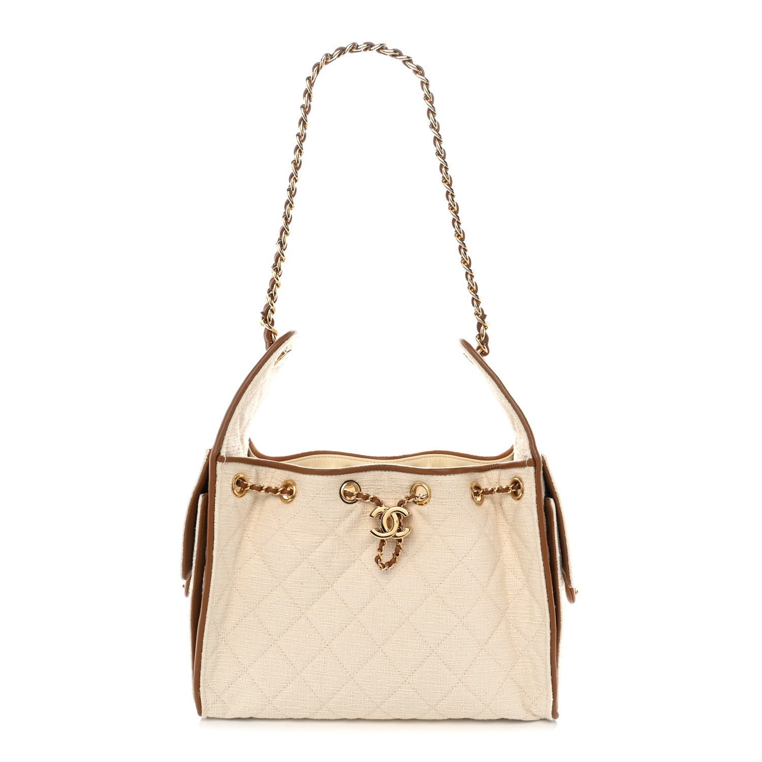 Chanel Canvas Calfskin Quilted Small Chanel 25 Handbag Ecru Brown