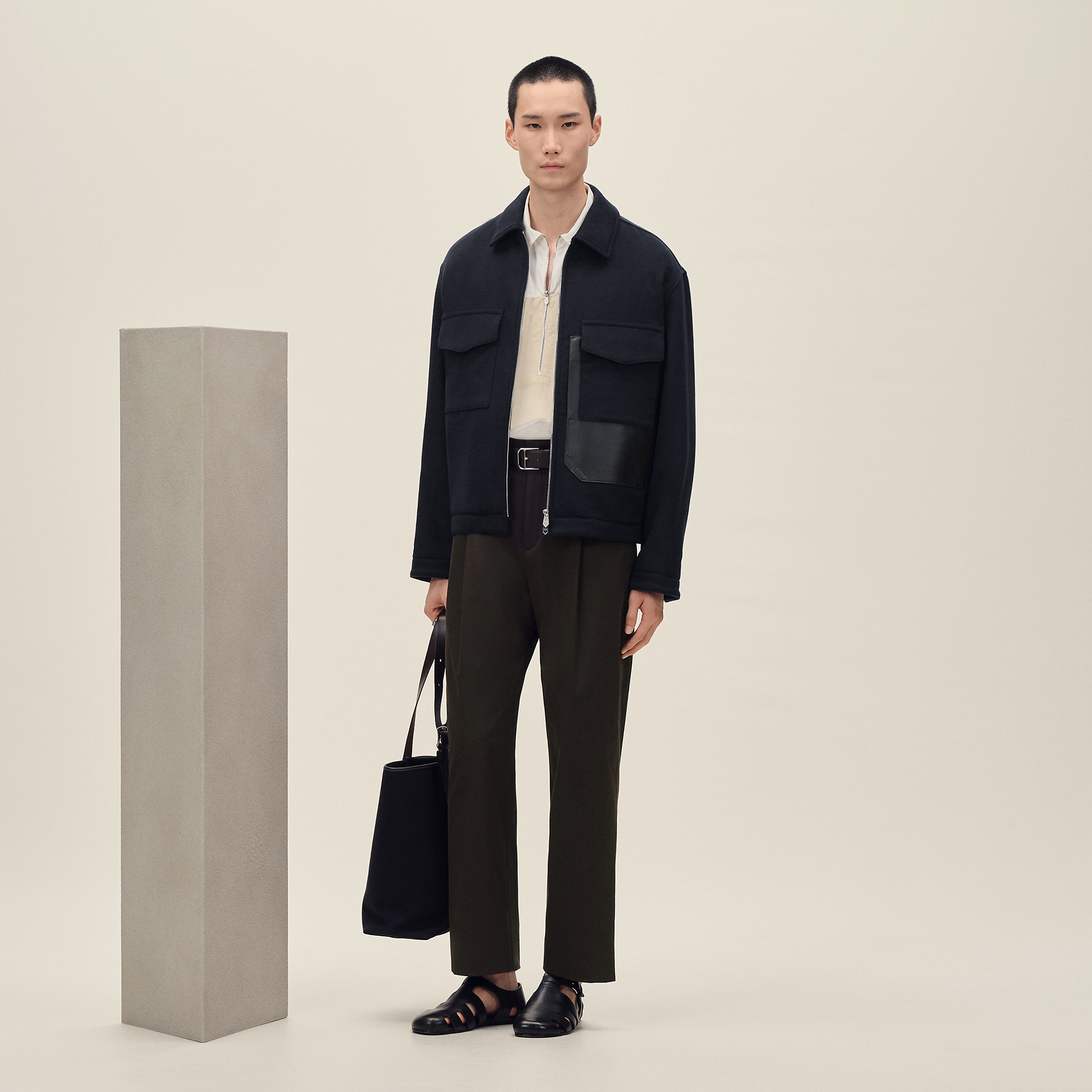 Cashmere zipped straight cut jacket with leather details
