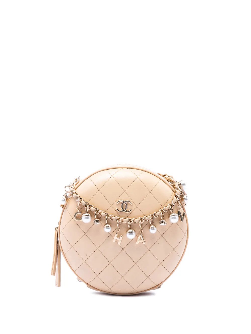 2019 Stitched Calfskin Logo Strass and Pearl Chain Round crossbody bag